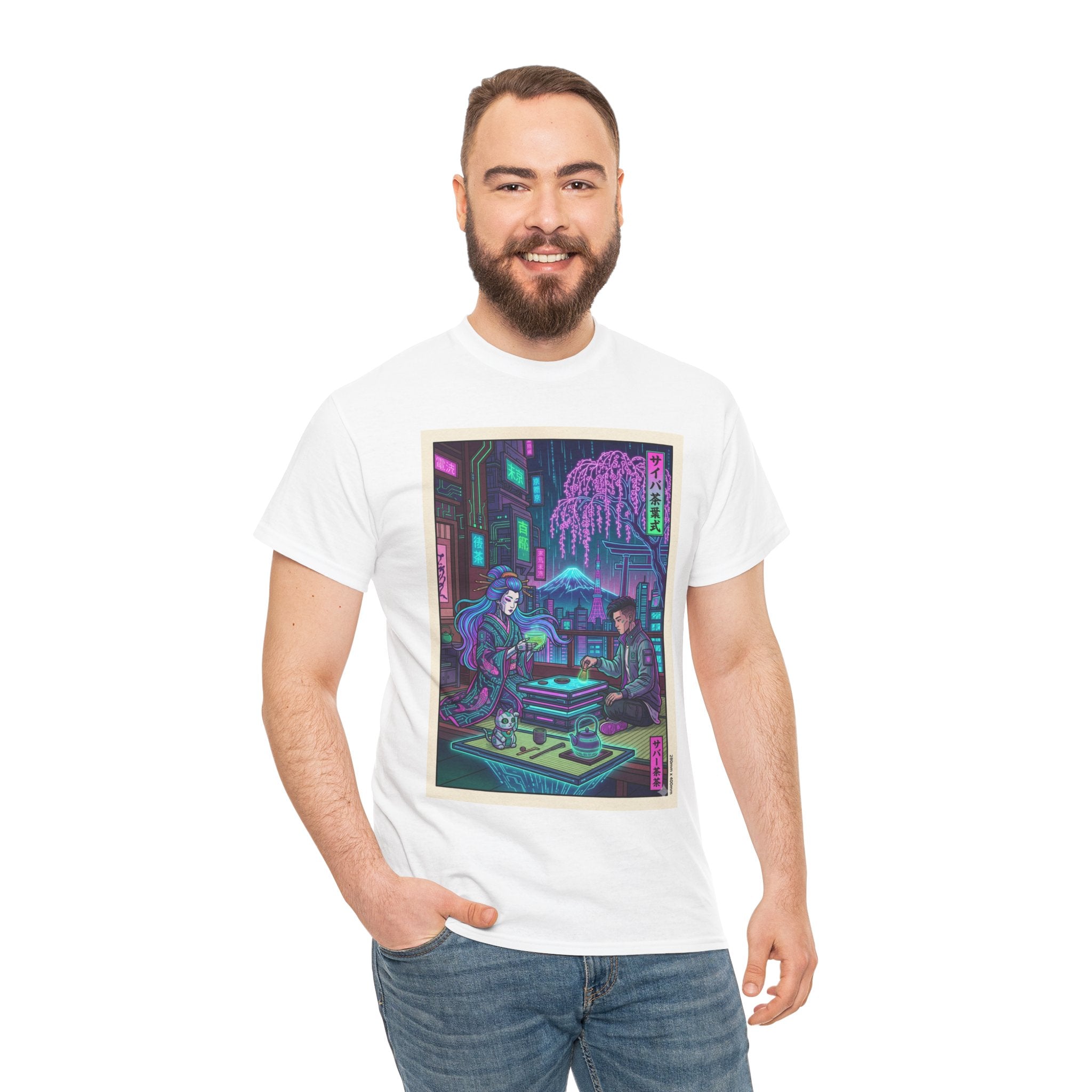 Cyberpunk Tea House Graphic Tee — Neon Retro Japanese-Style Street Scene