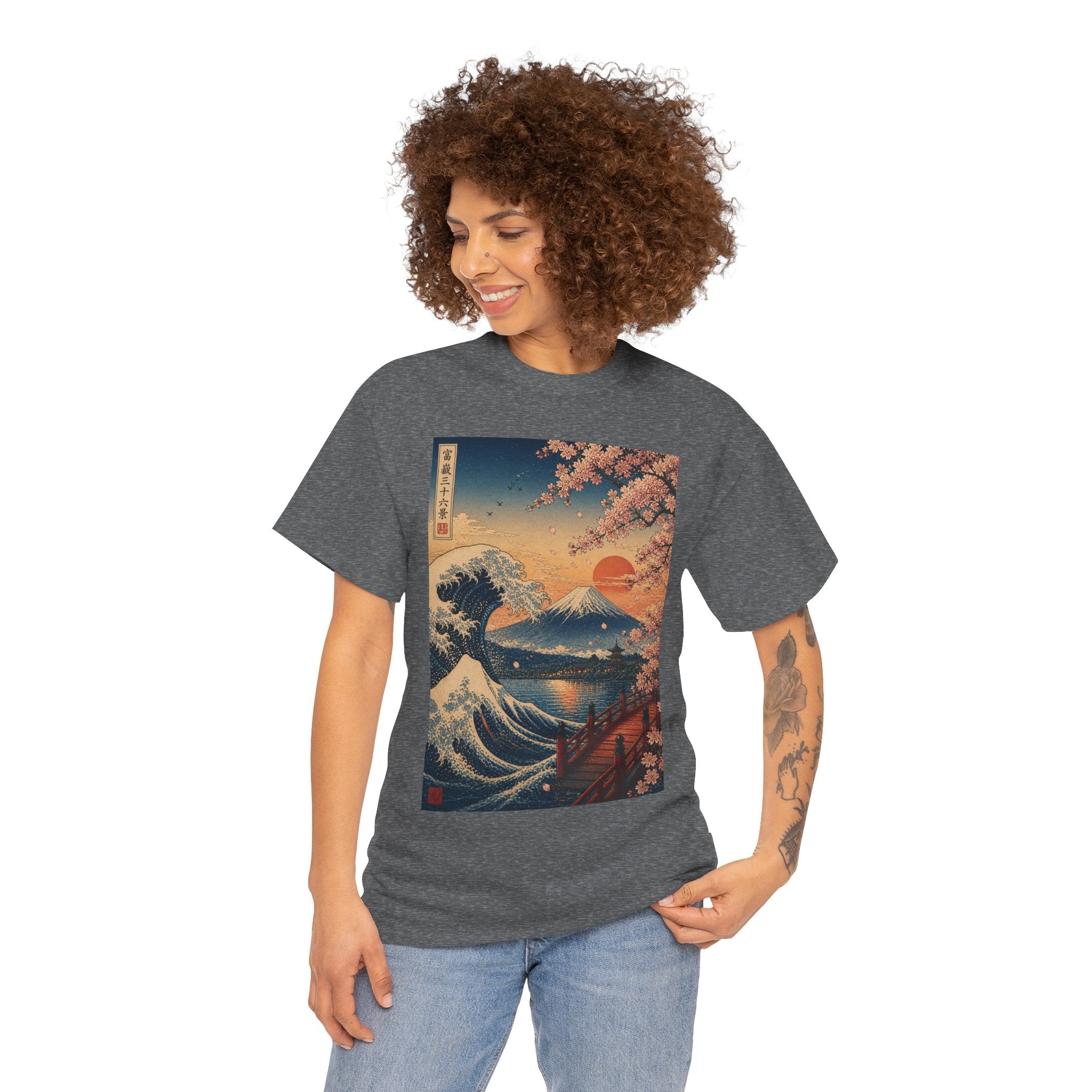 Japanese Wave & Cherry Blossom T-Shirt — Sunset Mount Fuji Graphic Tee