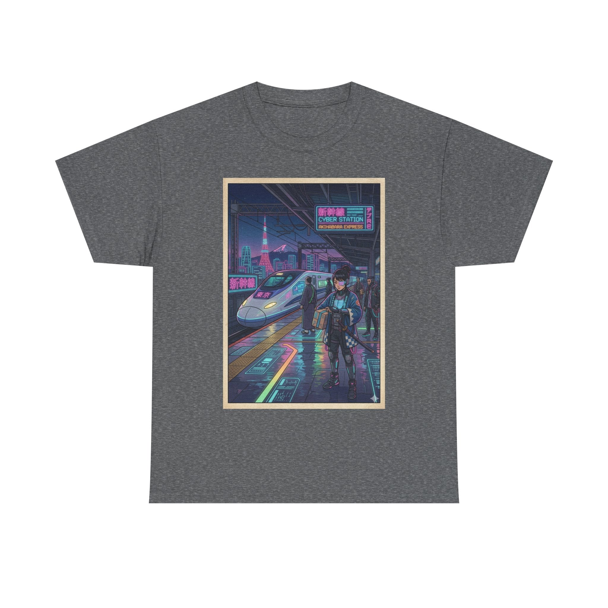 Cyberpunk Cityscape T-Shirt — Neon Train & Futuristic Rider Graphic Tee