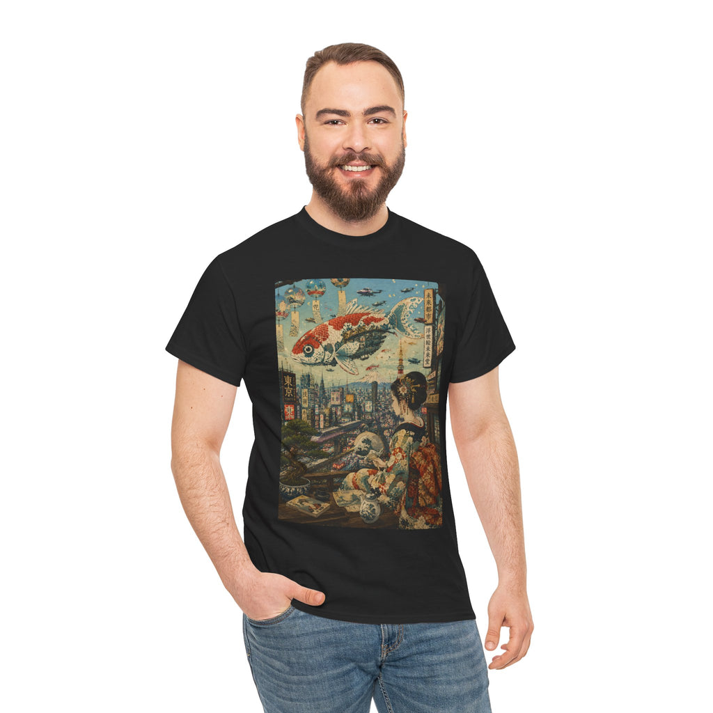 Koi Cityscape T-Shirt — Retro Japanese Ukiyo-e Urban Fantasy Tee - Japanese Streetwear T-Shirt | Tokyo Style X