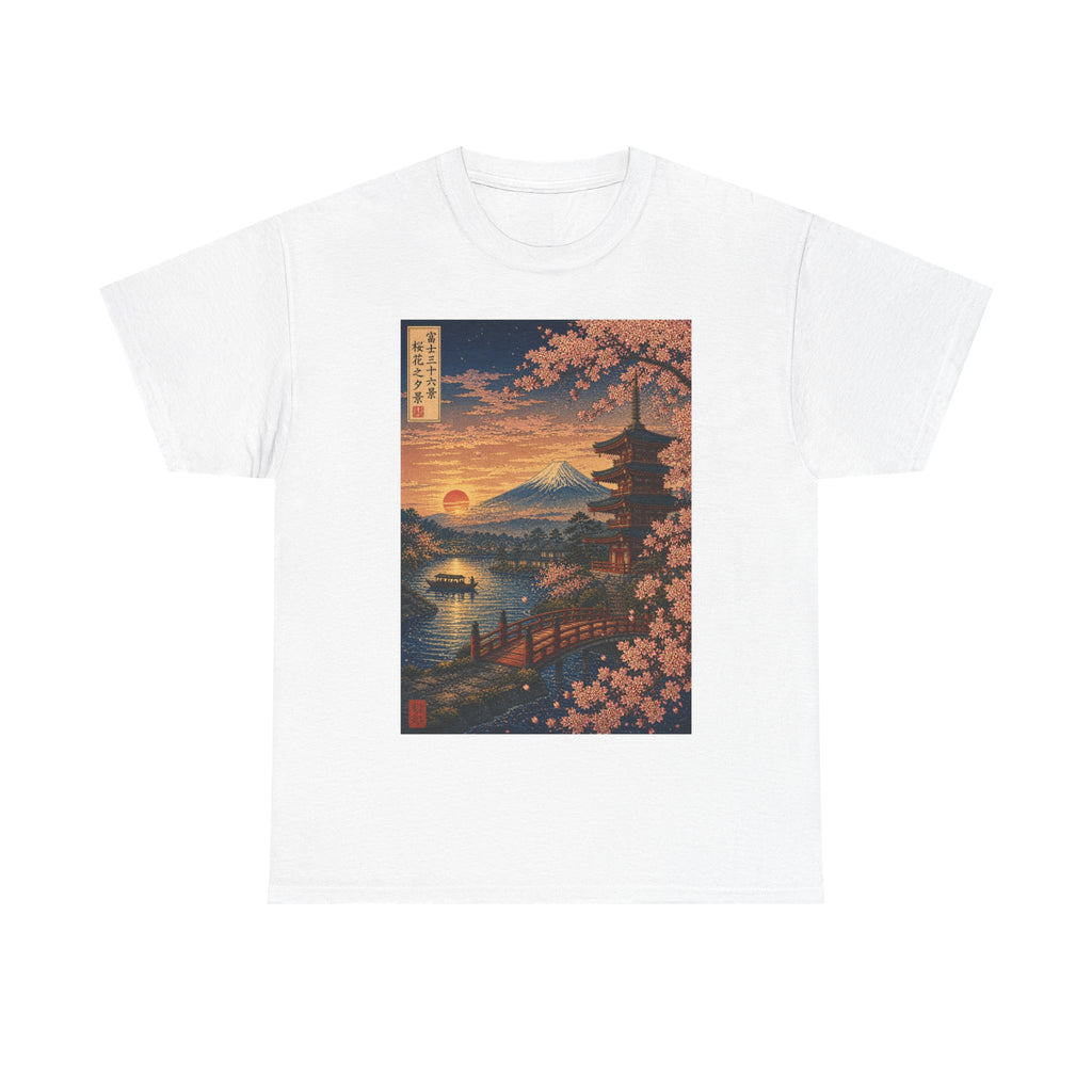 Japanese Sunset Landscape T-Shirt — Mount Fuji, Pagoda & Cherry Blossoms