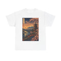 Japanese Sunset Landscape T-Shirt — Mount Fuji, Pagoda & Cherry Blossoms