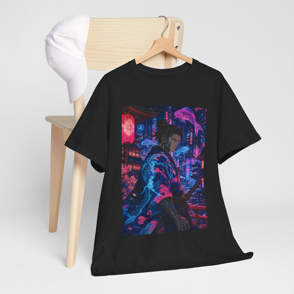 Cyberpunk Samurai T-Shirt — Neon City Nightscape Graphic Tee
