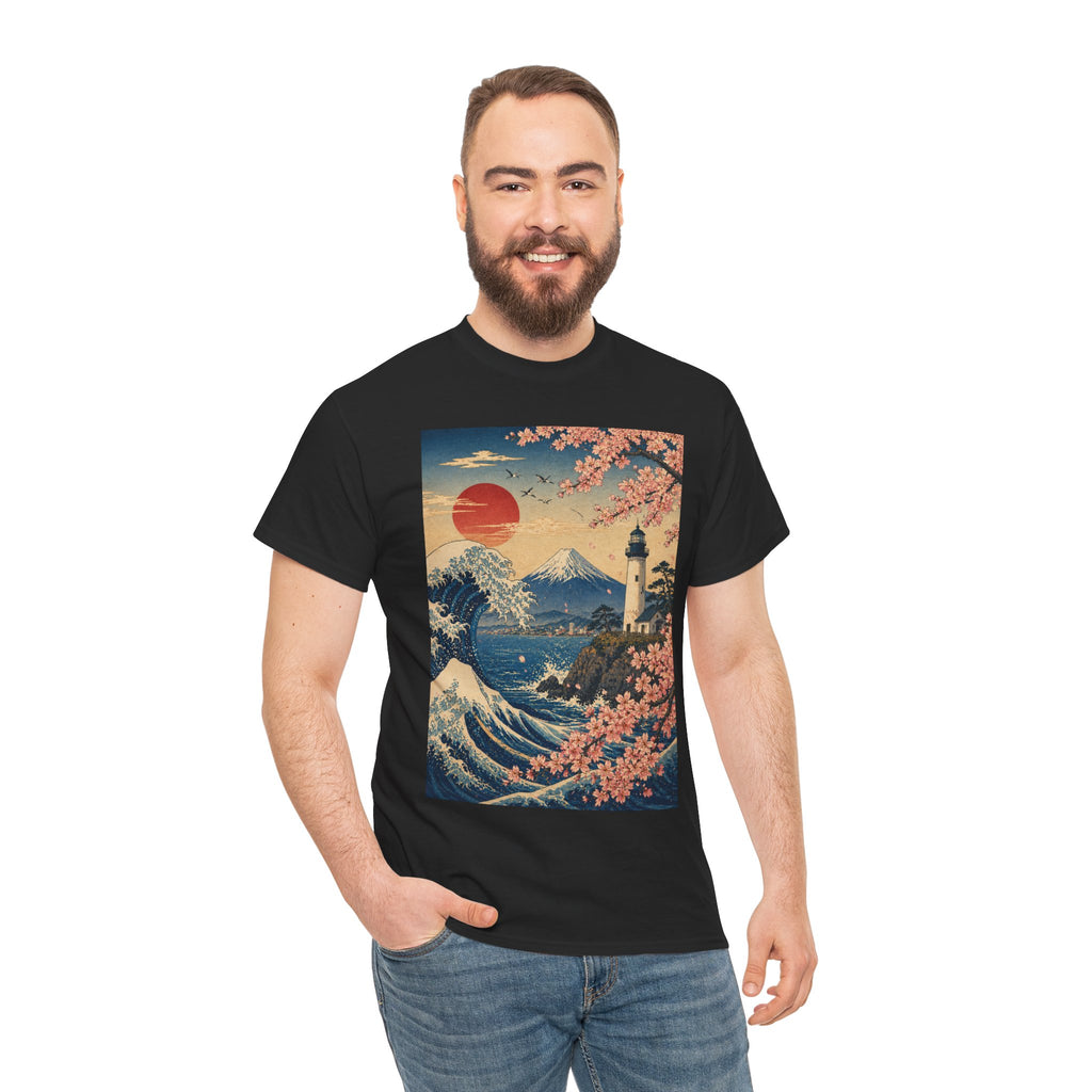 Japanese Wave & Cherry Blossom Art Tee — Mt. Fuji Sunset Graphic T-Shirt