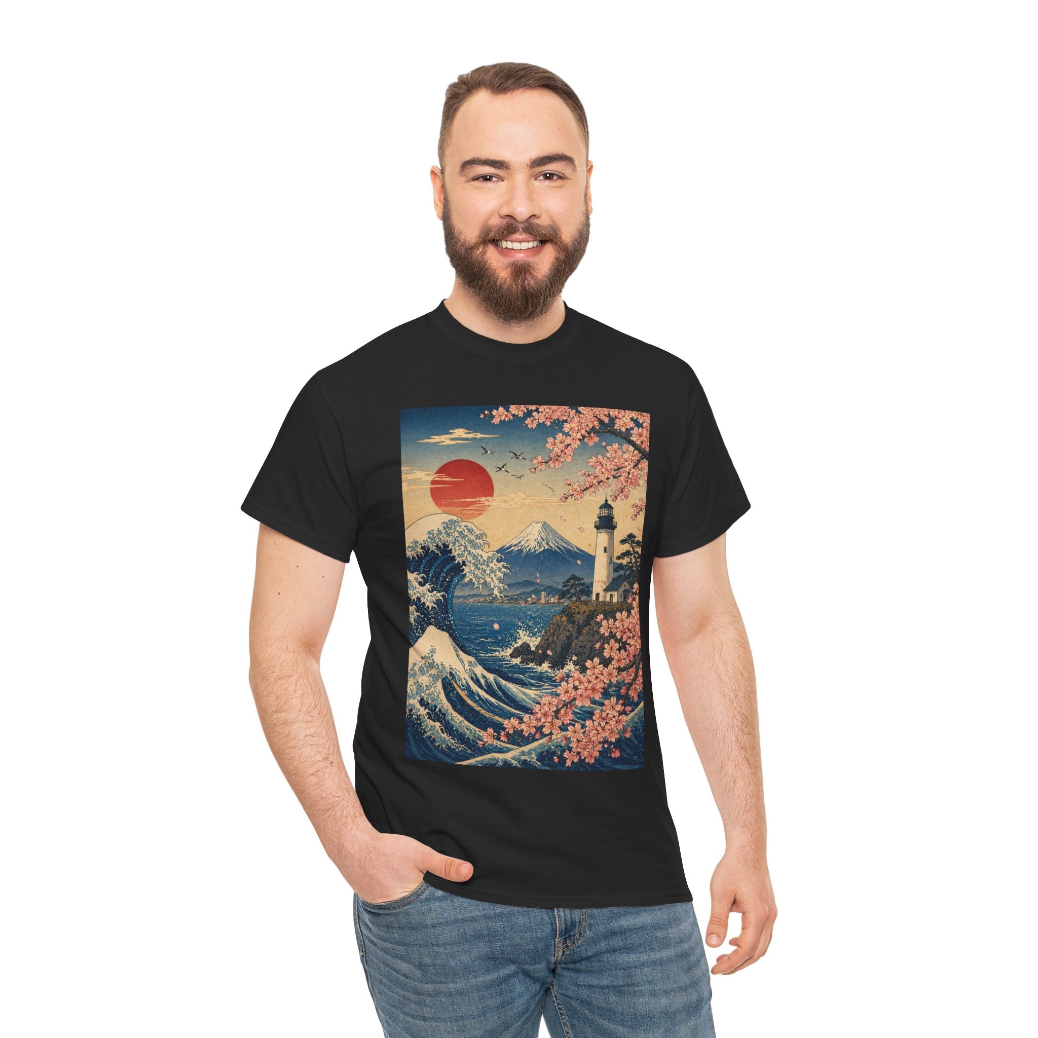 Japanese Wave & Cherry Blossom Art Tee — Mt. Fuji Sunset Graphic T-Shirt