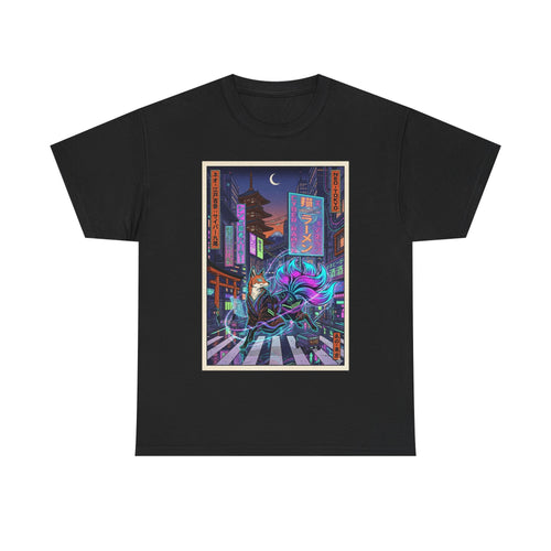 Cyberpunk Fox Tee — Neon Night Street Samurai Graphic T-Shirt - Japanese Streetwear T-Shirt | Tokyo Style X