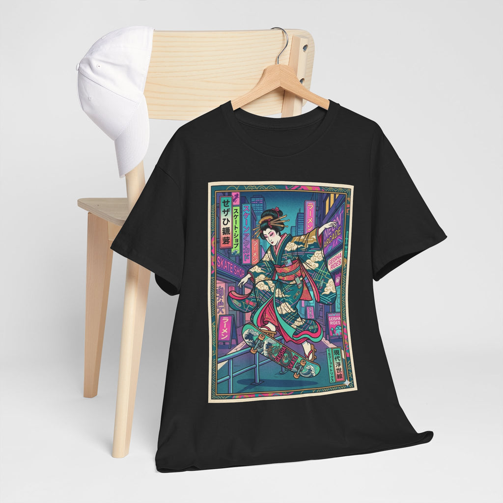 Geisha Skateboard Tee — Neon Cyberpunk Japanese Streetwear T-Shirt