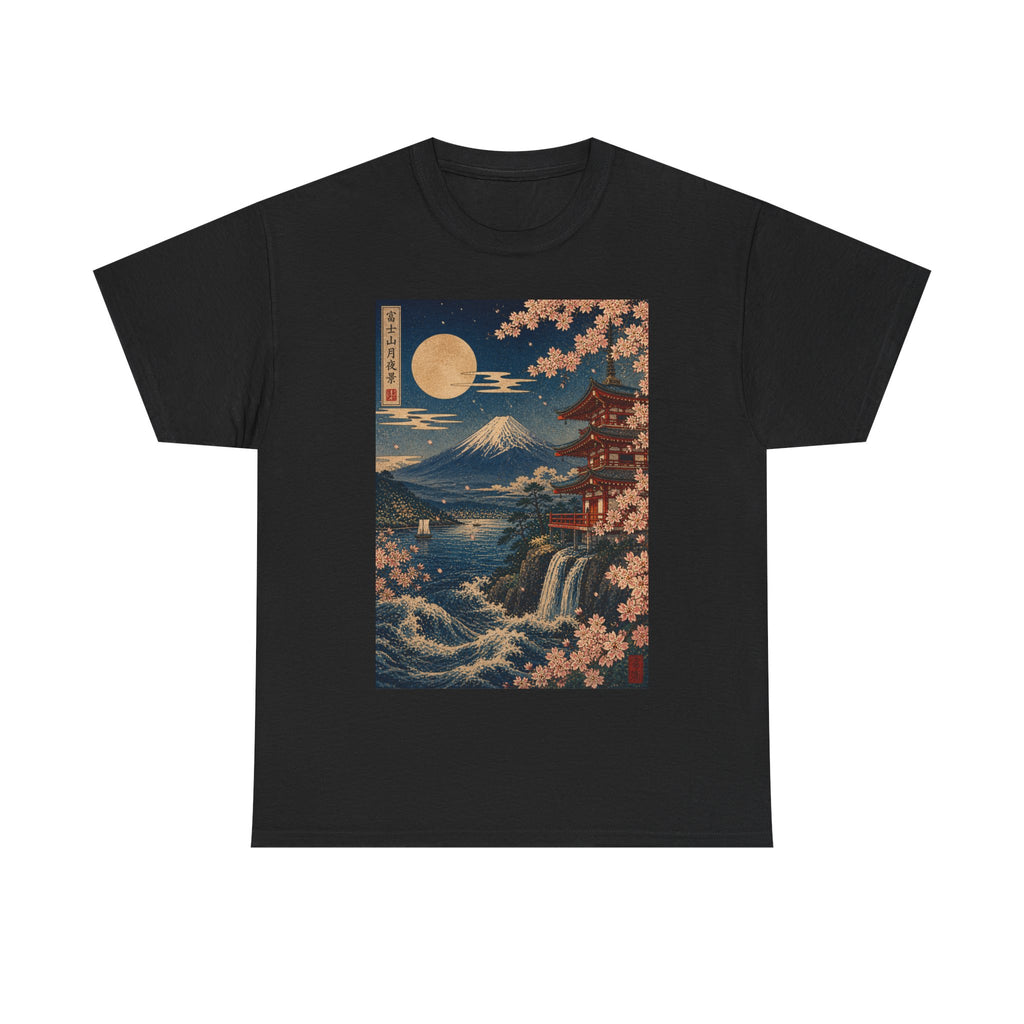 Japanese Landscape T-Shirt — Mount Fuji, Cherry Blossoms & Moon Graphic