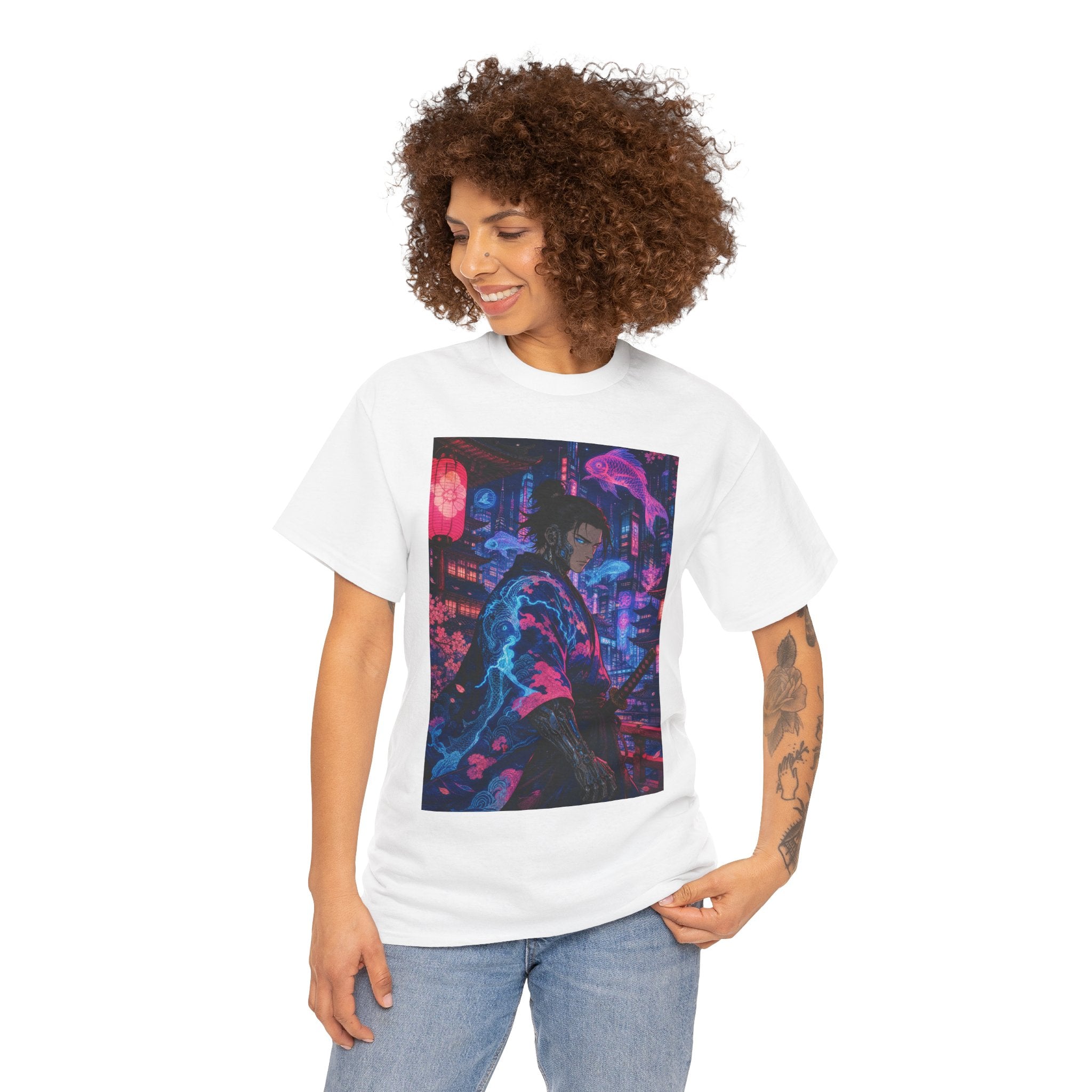 Cyberpunk Samurai T-Shirt — Neon City Nightscape Graphic Tee