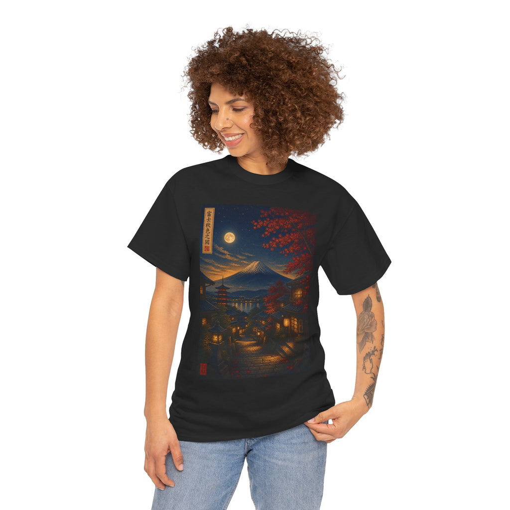 Japanese Nightscape T‑Shirt — Moonlit Mt. Fuji Village Art Tee