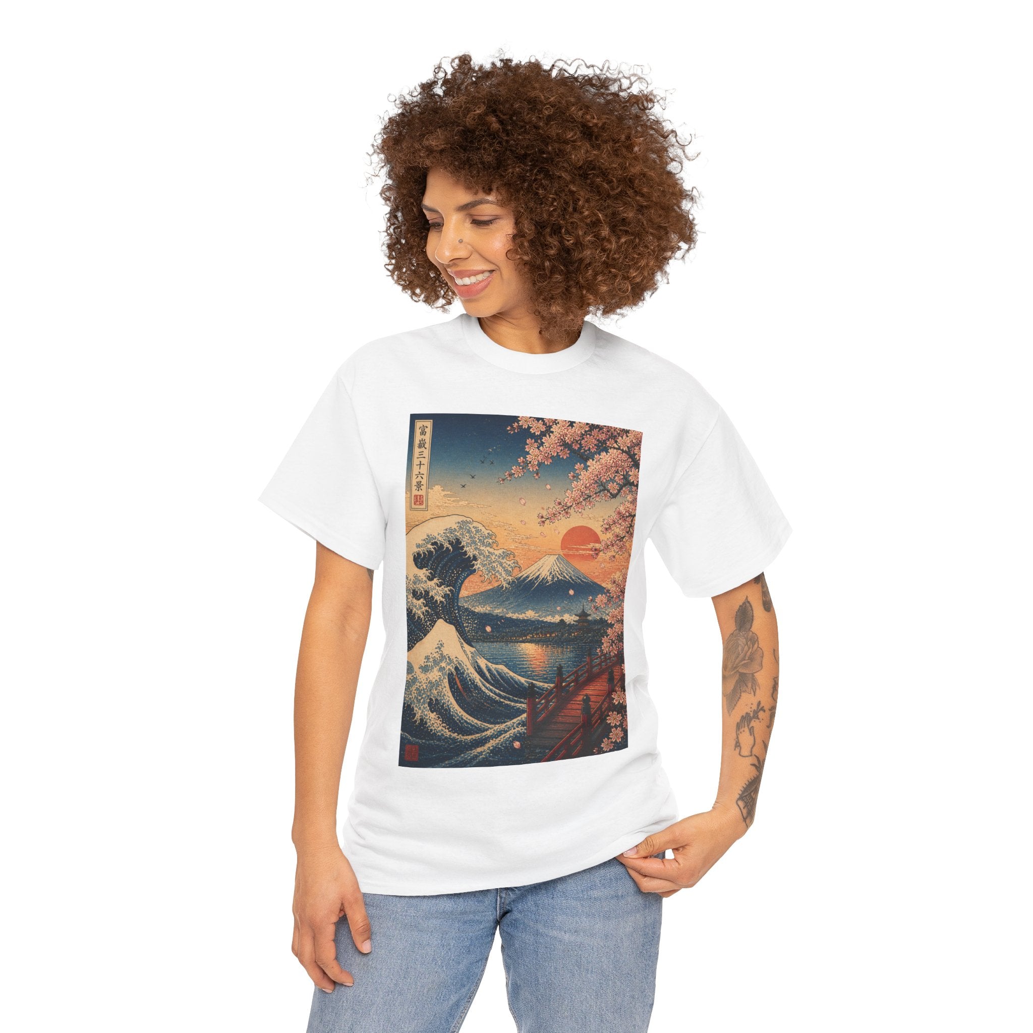 Japanese Wave & Cherry Blossom T-Shirt — Sunset Mount Fuji Graphic Tee