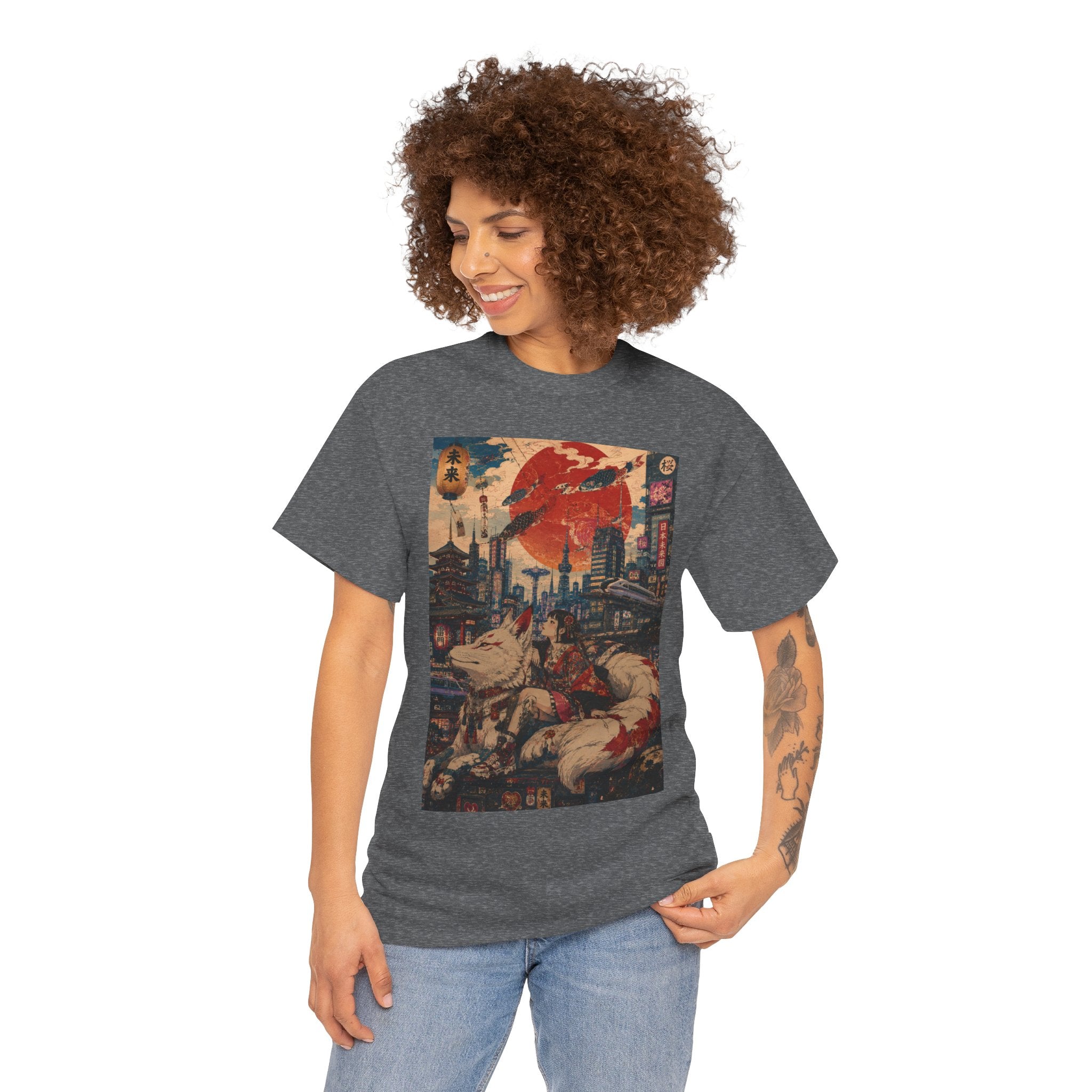 Graphic Tee — Cyberpunk Samurai Cityscape with Sleeping Fox - Japanese Streetwear T-Shirt | Tokyo Style X