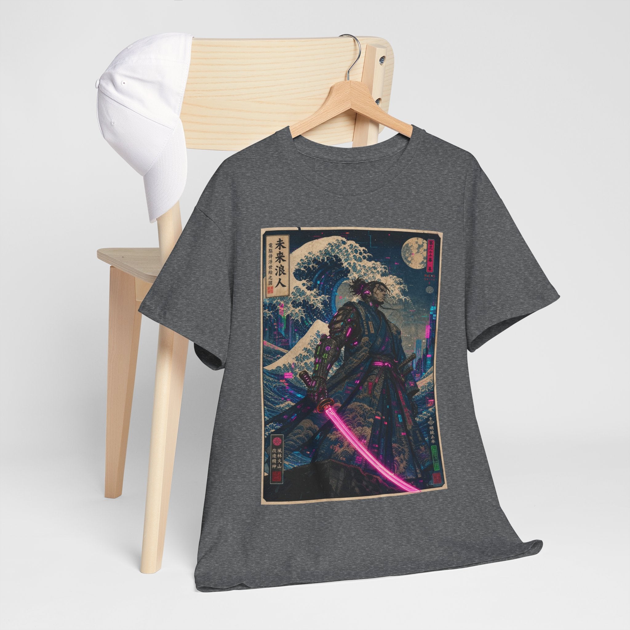 Samurai Neon Wave T-Shirt — Retro Cyberpunk Katana Graphic Tee - Japanese Streetwear T-Shirt | Tokyo Style X