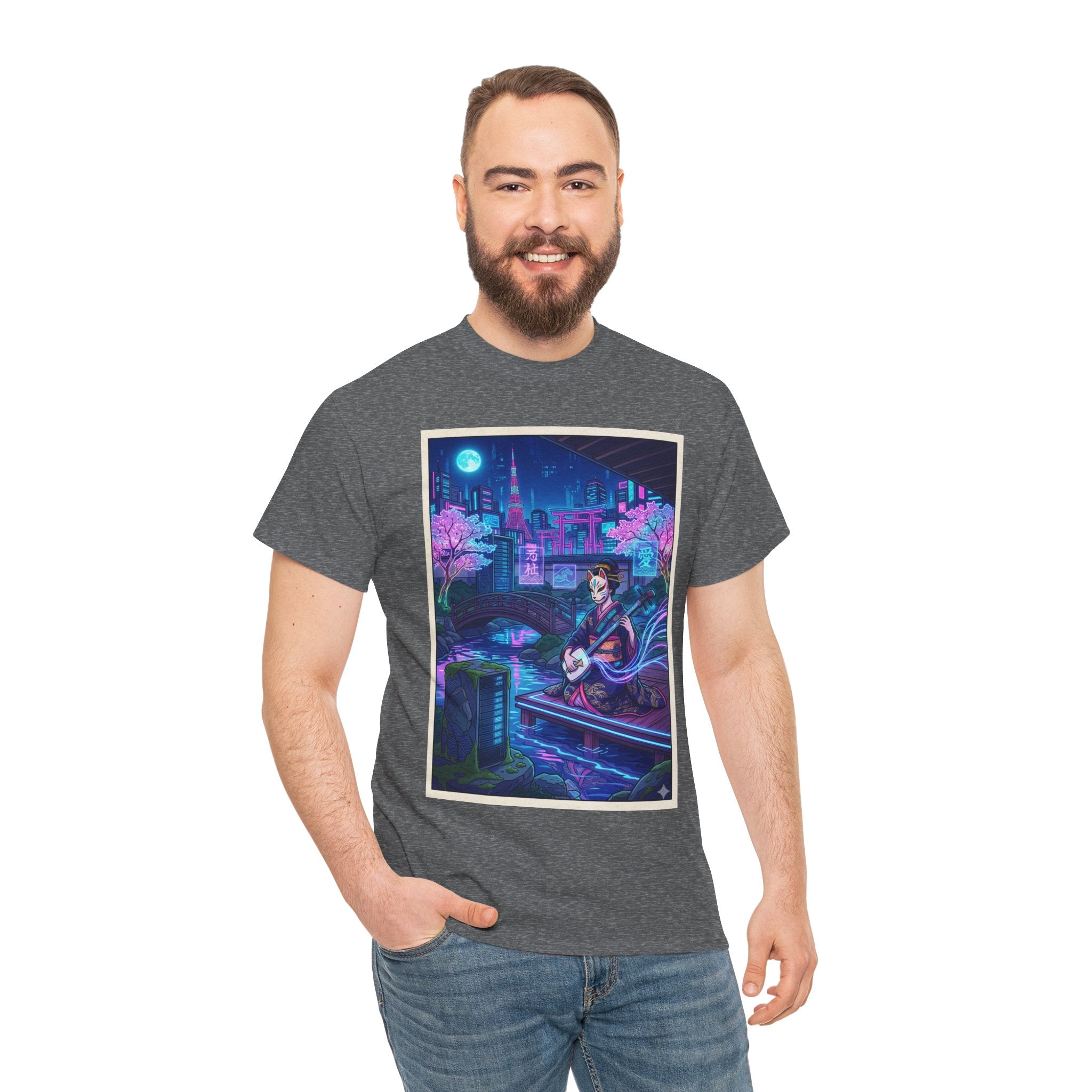 Anime Cyberpunk Guitarist T‑Shirt — Neon City Nightscape Tee