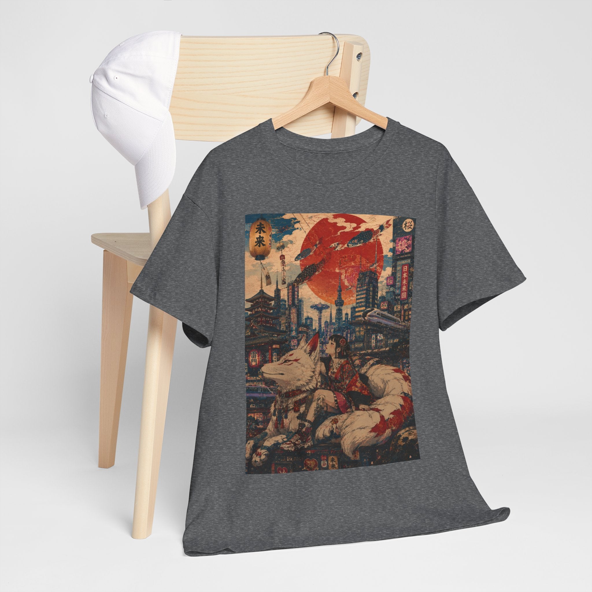 Graphic Tee — Cyberpunk Samurai Cityscape with Sleeping Fox - Japanese Streetwear T-Shirt | Tokyo Style X