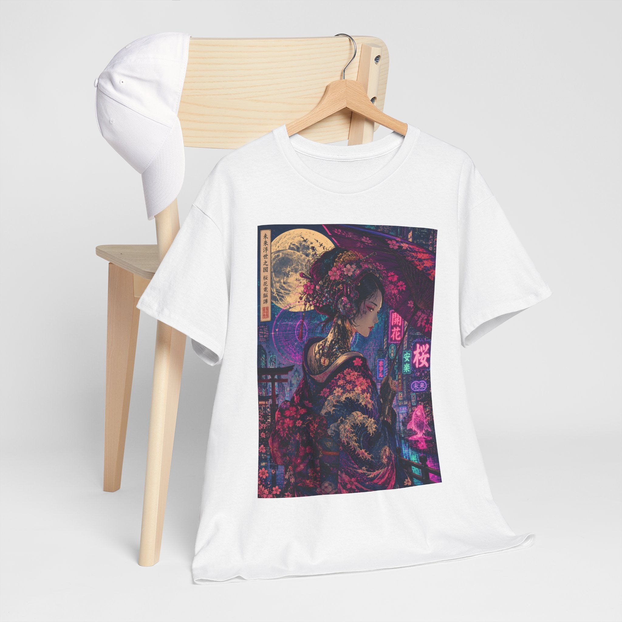 Geisha Neon Nights T-Shirt — Moonlit Sakura Cyberpunk Art Tee - Japanese Streetwear T-Shirt | Tokyo Style X