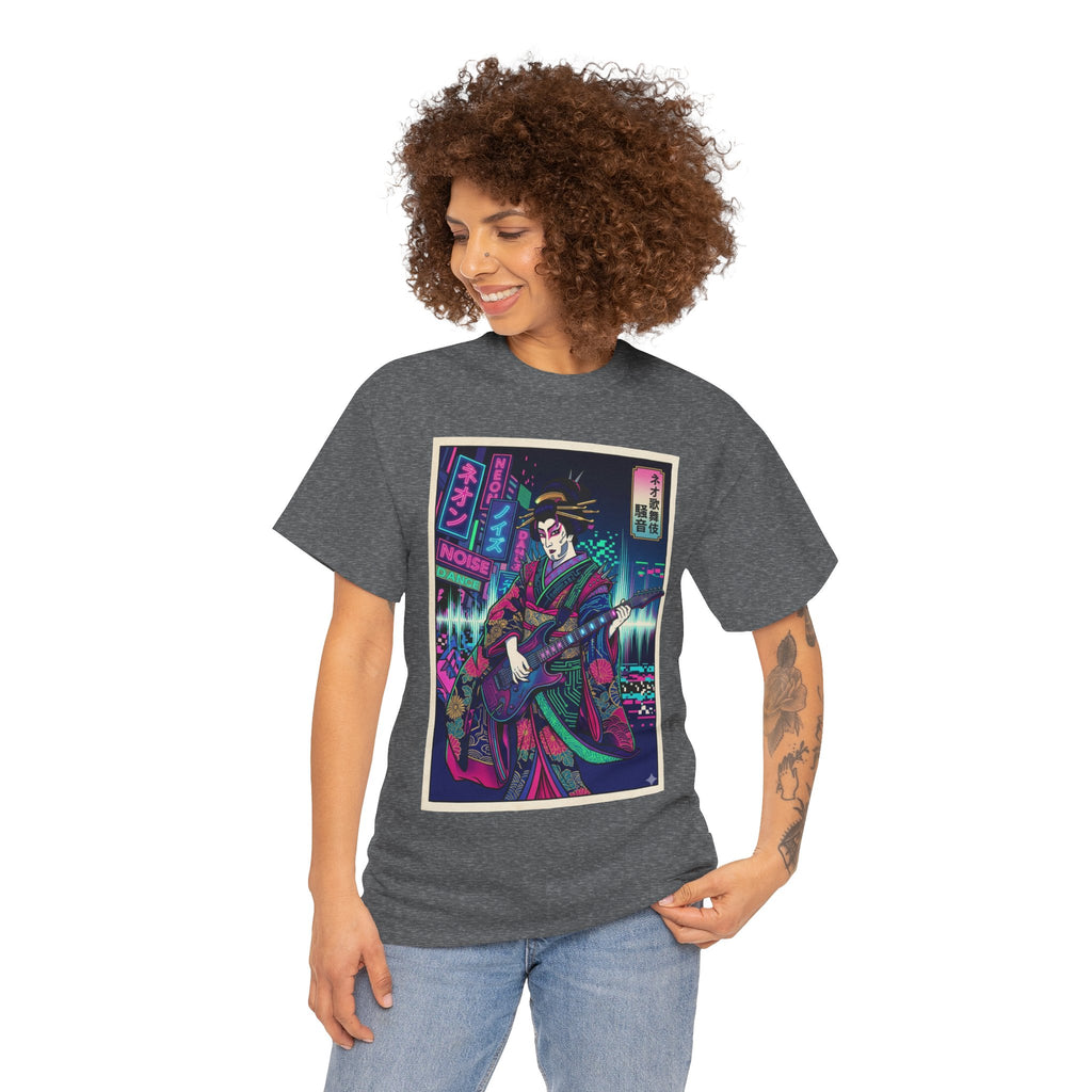 Geisha Guitar Tee — Neon Cyberpunk Japanese Rock T-Shirt