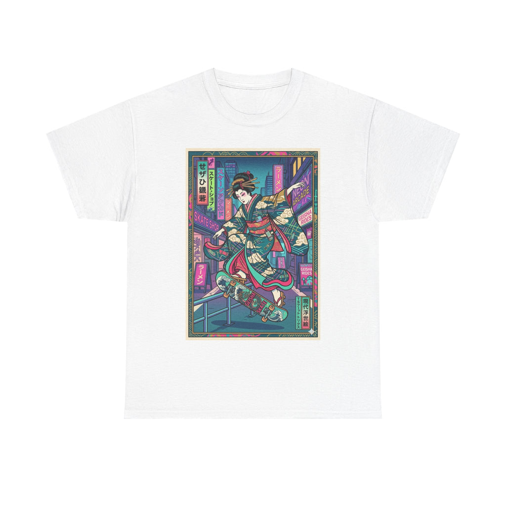 Geisha Skateboard Tee — Neon Cyberpunk Japanese Streetwear T-Shirt