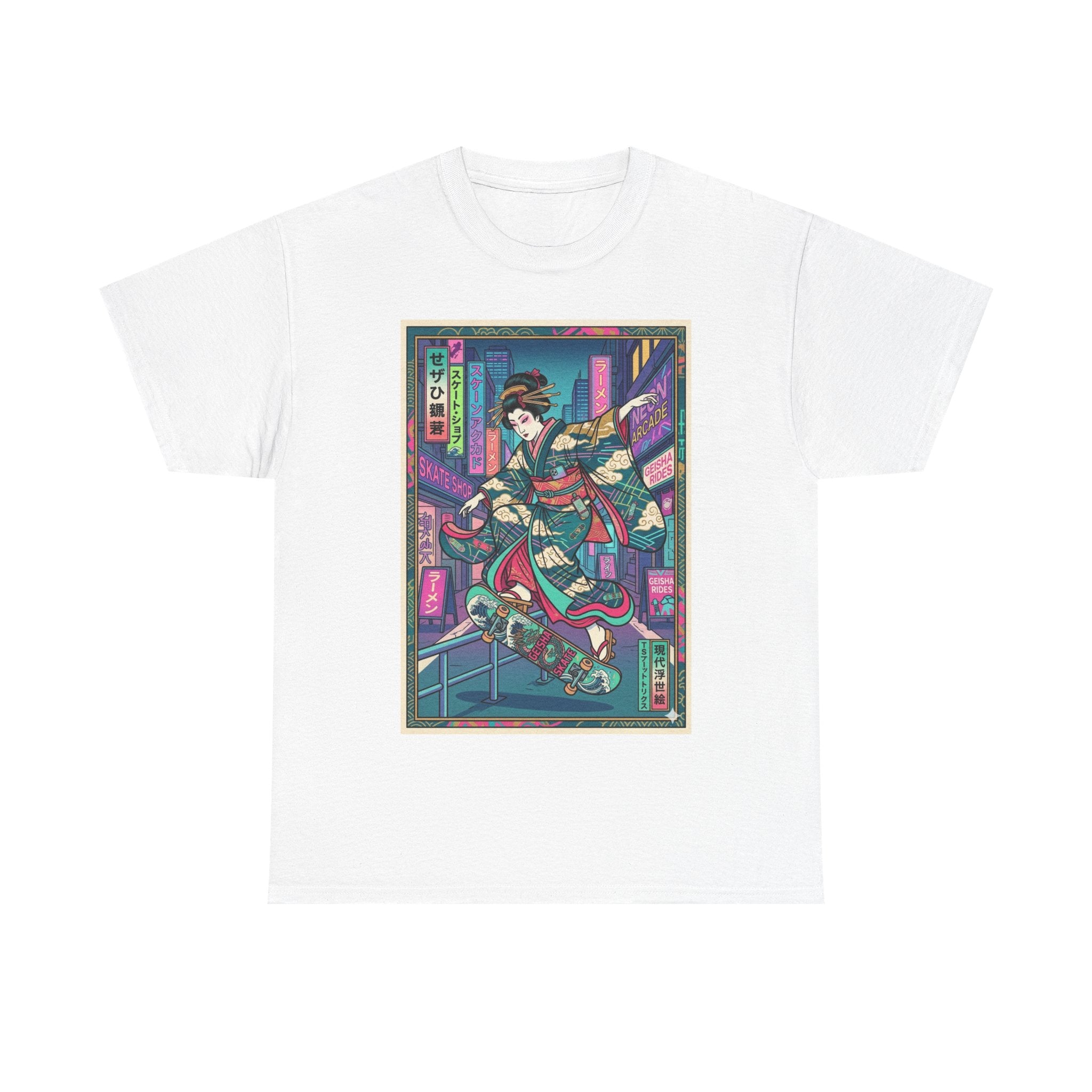 Geisha Skateboard Tee — Neon Cyberpunk Japanese Streetwear T-Shirt