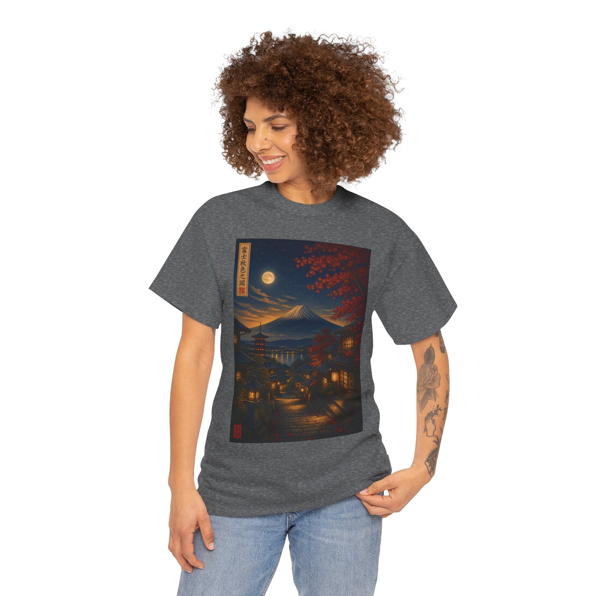 Japanese Nightscape T‑Shirt — Moonlit Mt. Fuji Village Art Tee