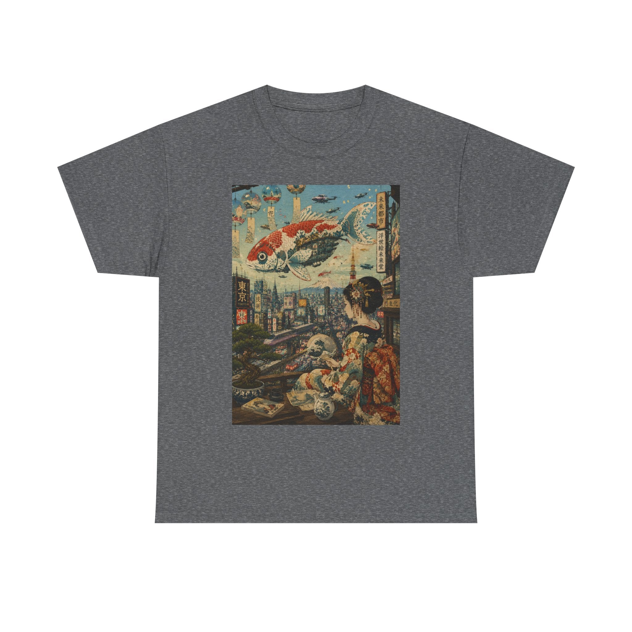 Koi Cityscape T-Shirt — Retro Japanese Ukiyo-e Urban Fantasy Tee - Japanese Streetwear T-Shirt | Tokyo Style X