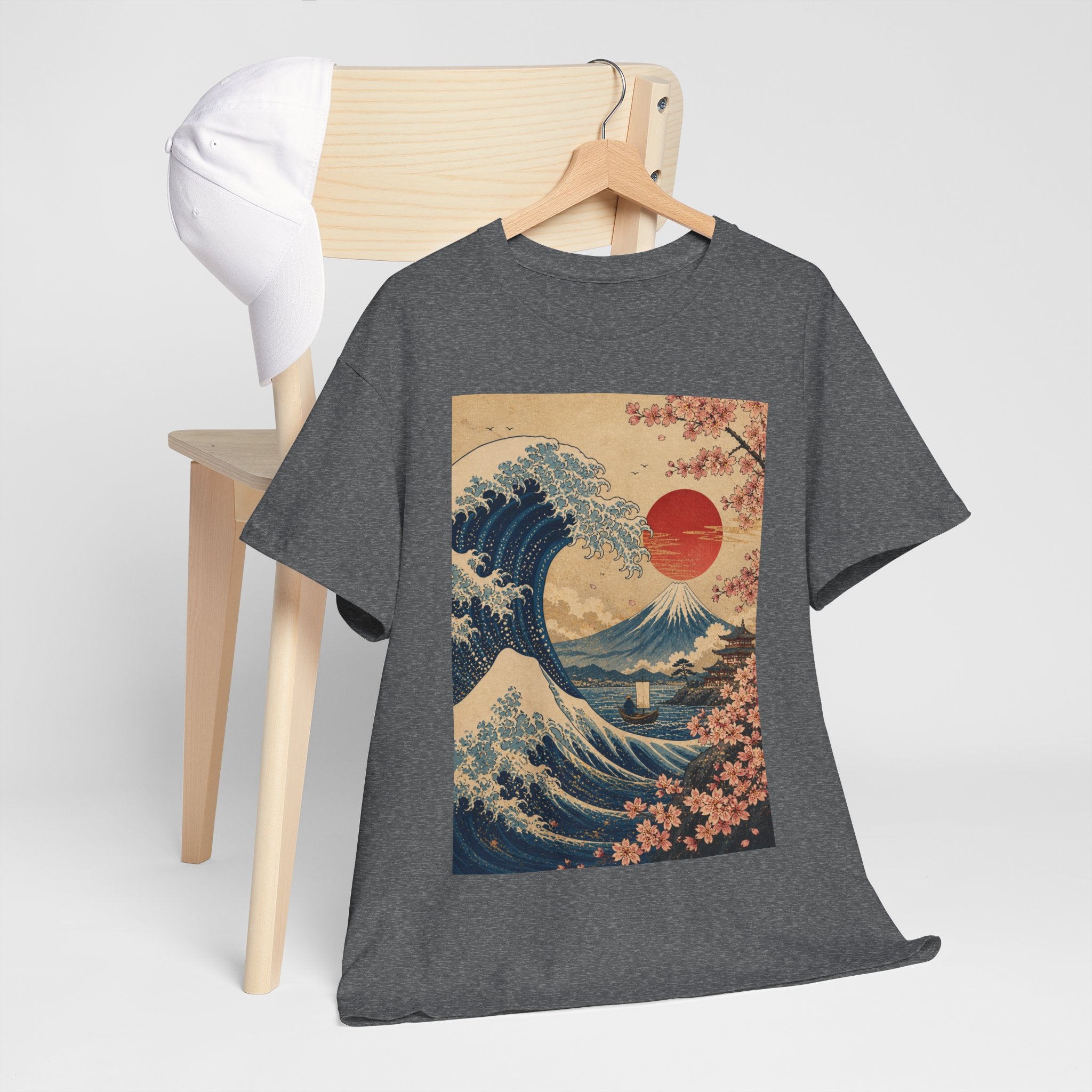 Vintage Japanese Wave Tee — Sakura Sunset Hokusai-Inspired Graphic Shirt
