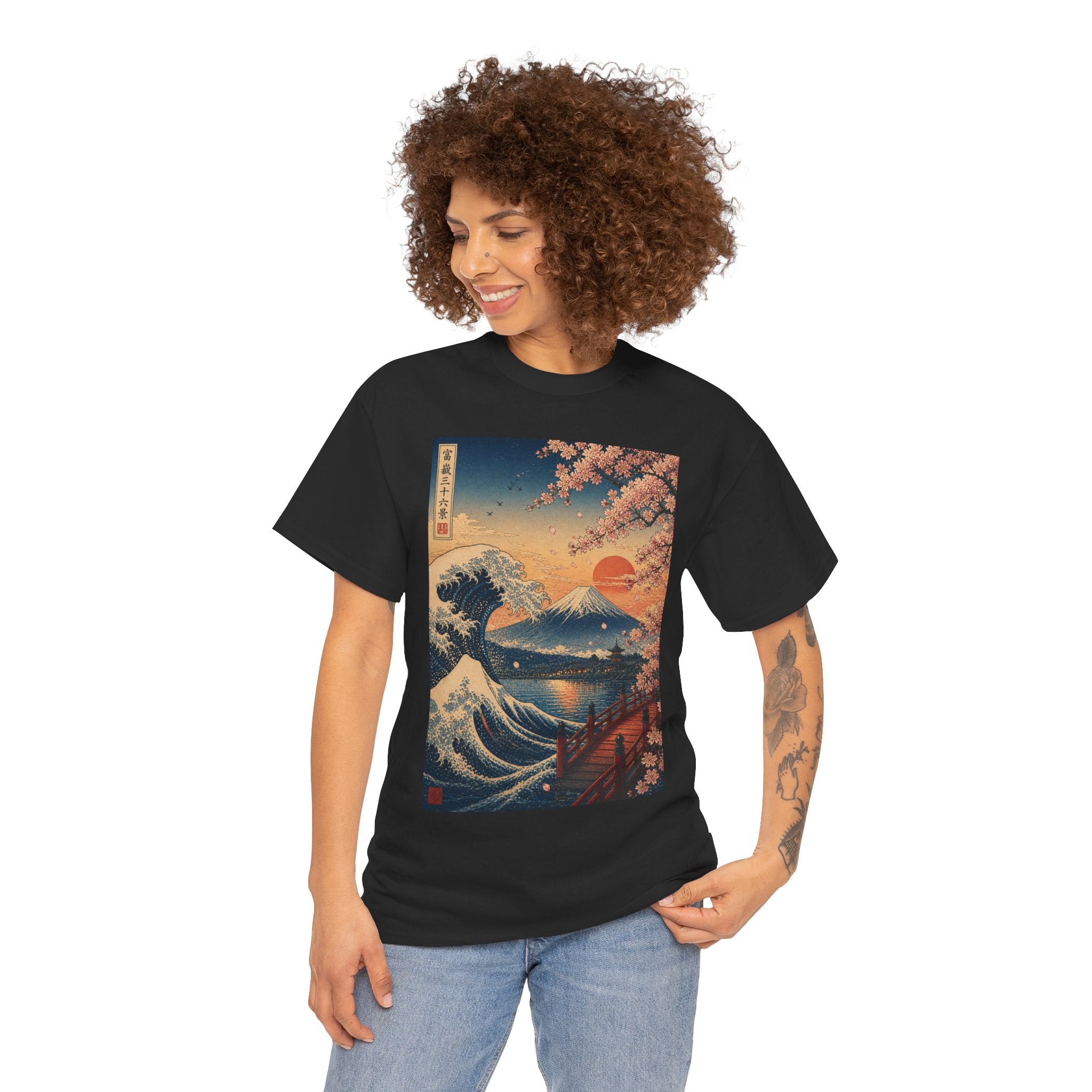 Japanese Wave & Cherry Blossom T-Shirt — Sunset Mount Fuji Graphic Tee