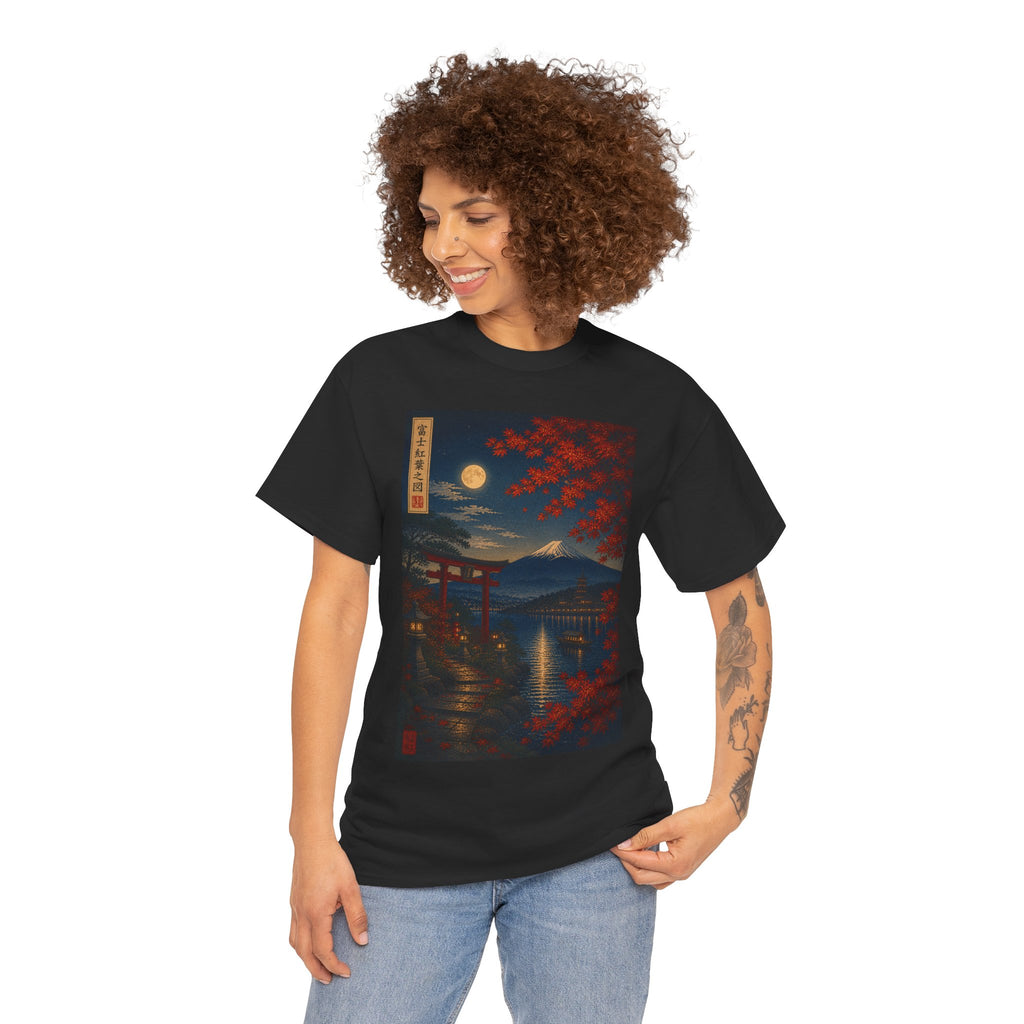 Japanese Nightscape Tee — Moonlit Torii & Autumn Maple Graphic T-Shirt