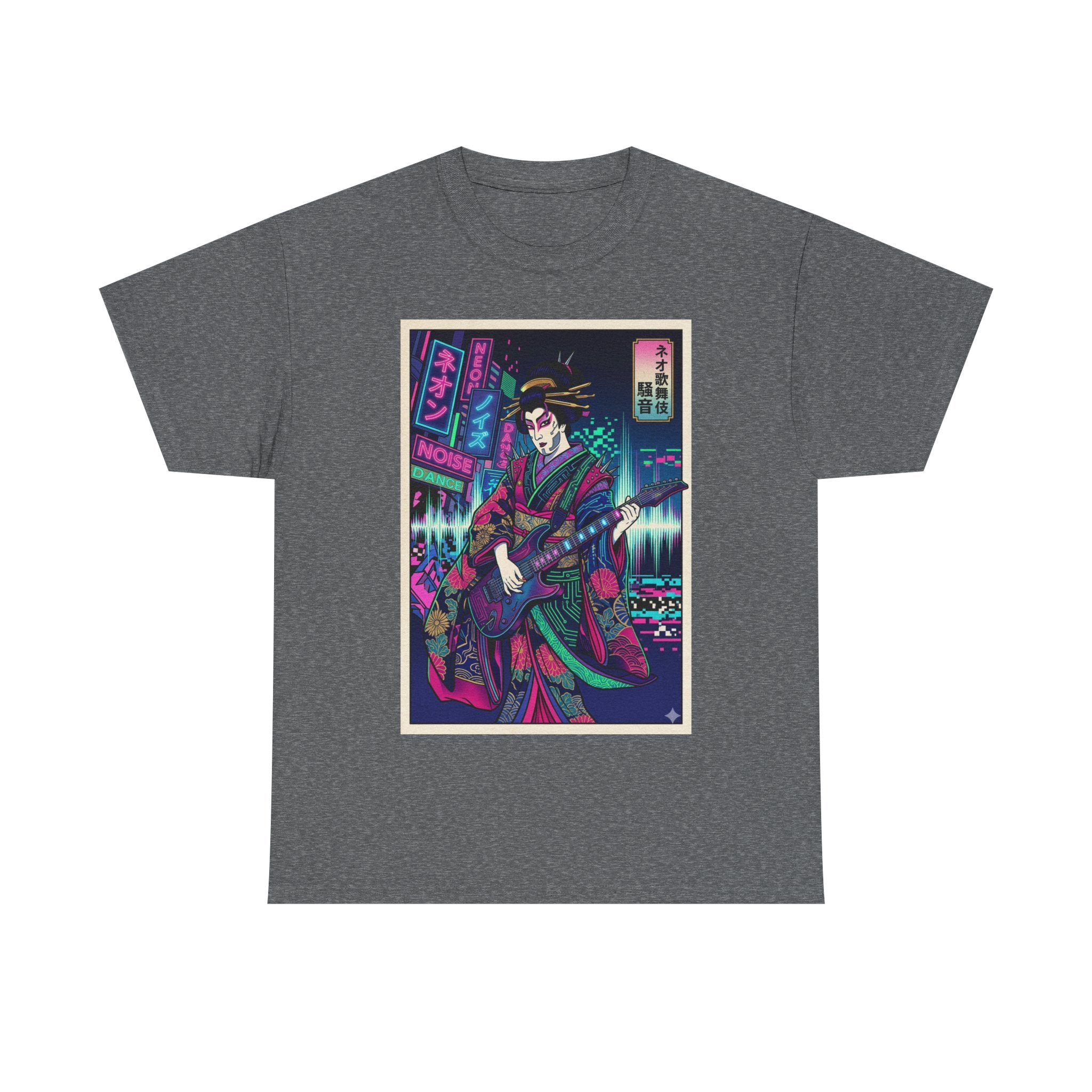 Geisha Guitar Tee — Neon Cyberpunk Japanese Rock T-Shirt