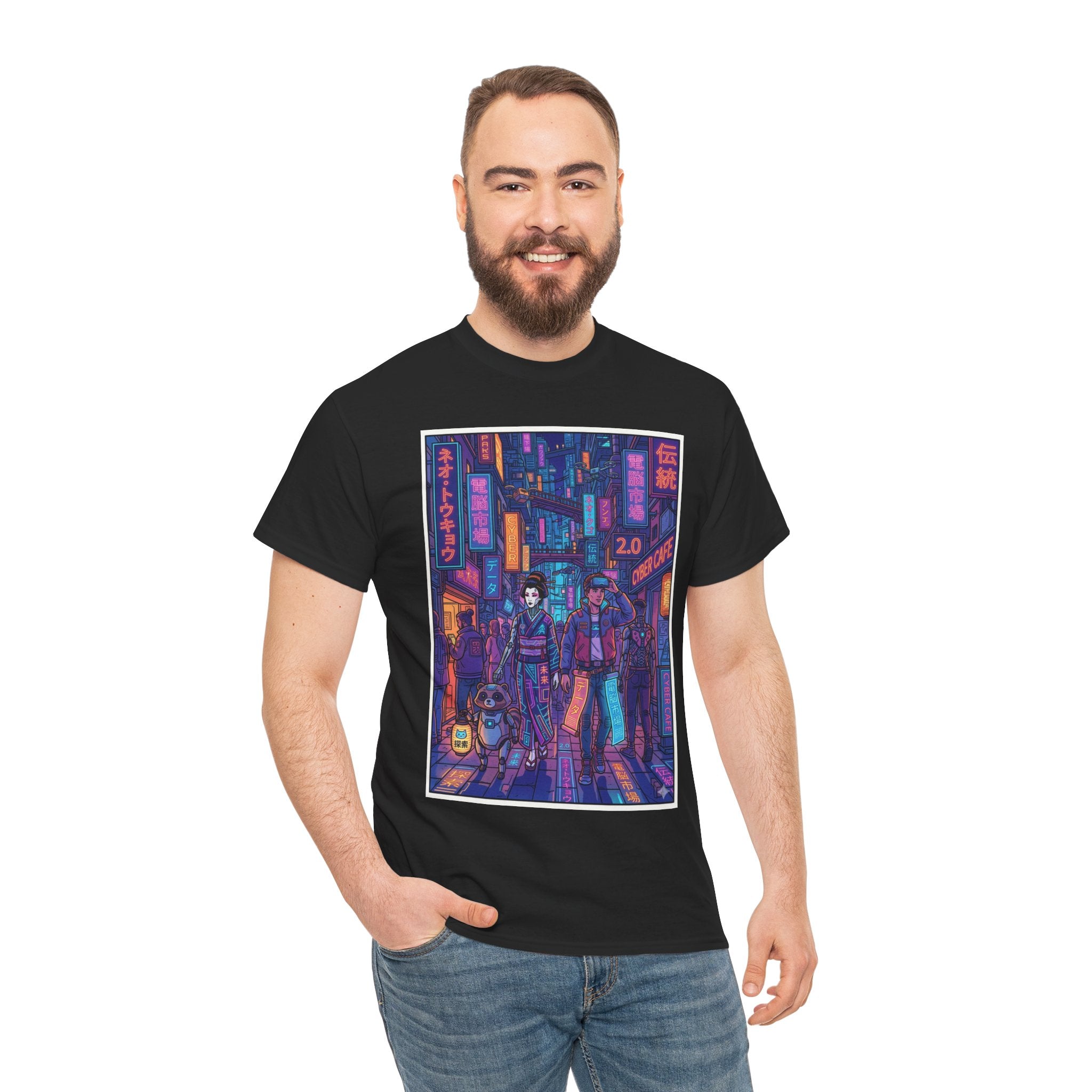 Cyberpunk Street Scene Tee — Neon Tokyo Night Graphic T-Shirt