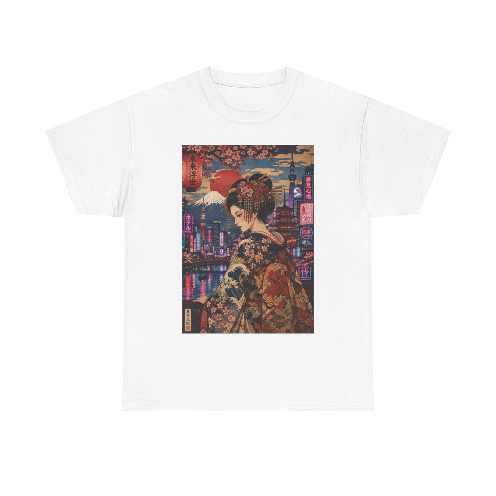 Geisha Cityscape Tee — Vintage Kimono Nighttime Japan Graphic T‑Shirt