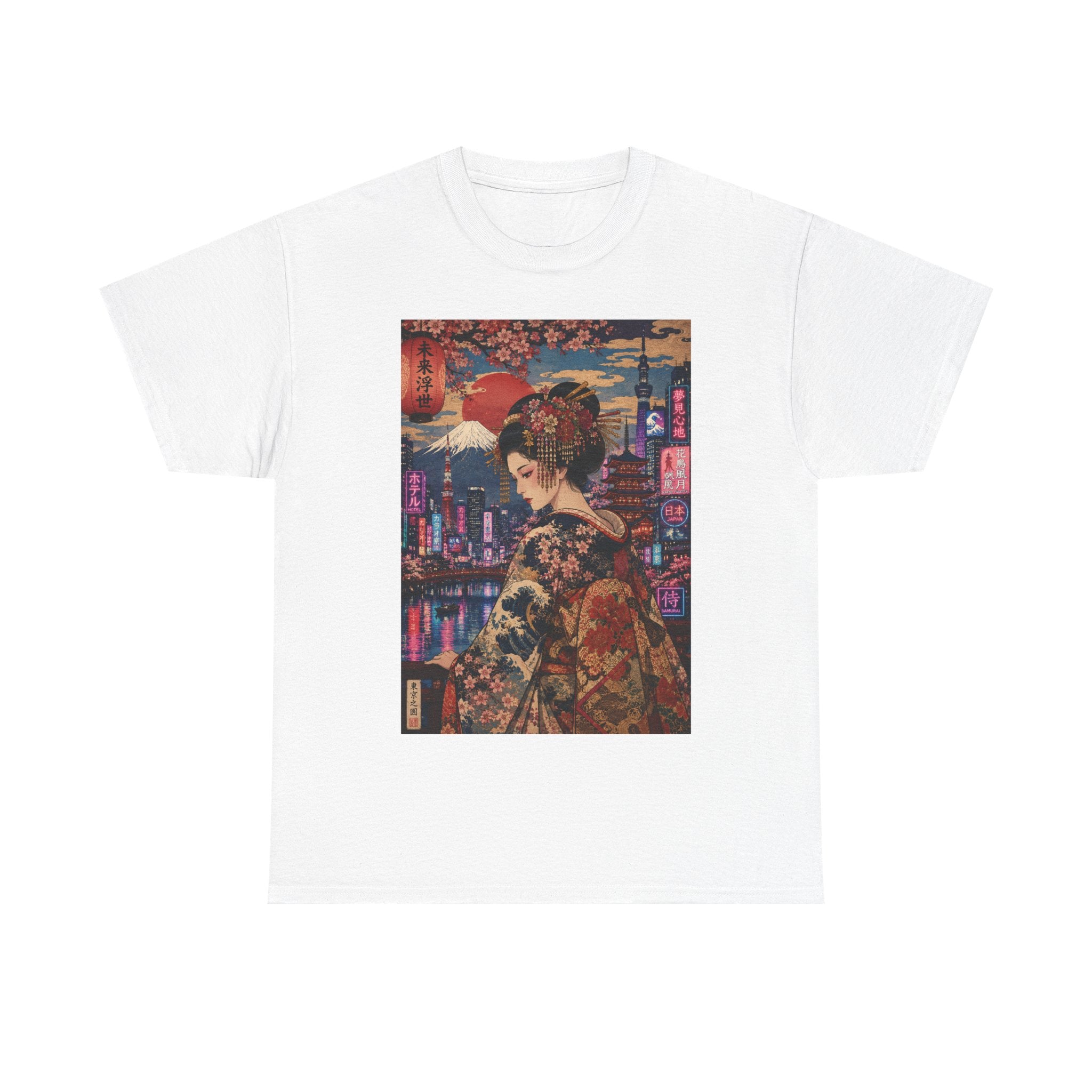 Geisha Cityscape Tee — Vintage Kimono Nighttime Japan Graphic T‑Shirt