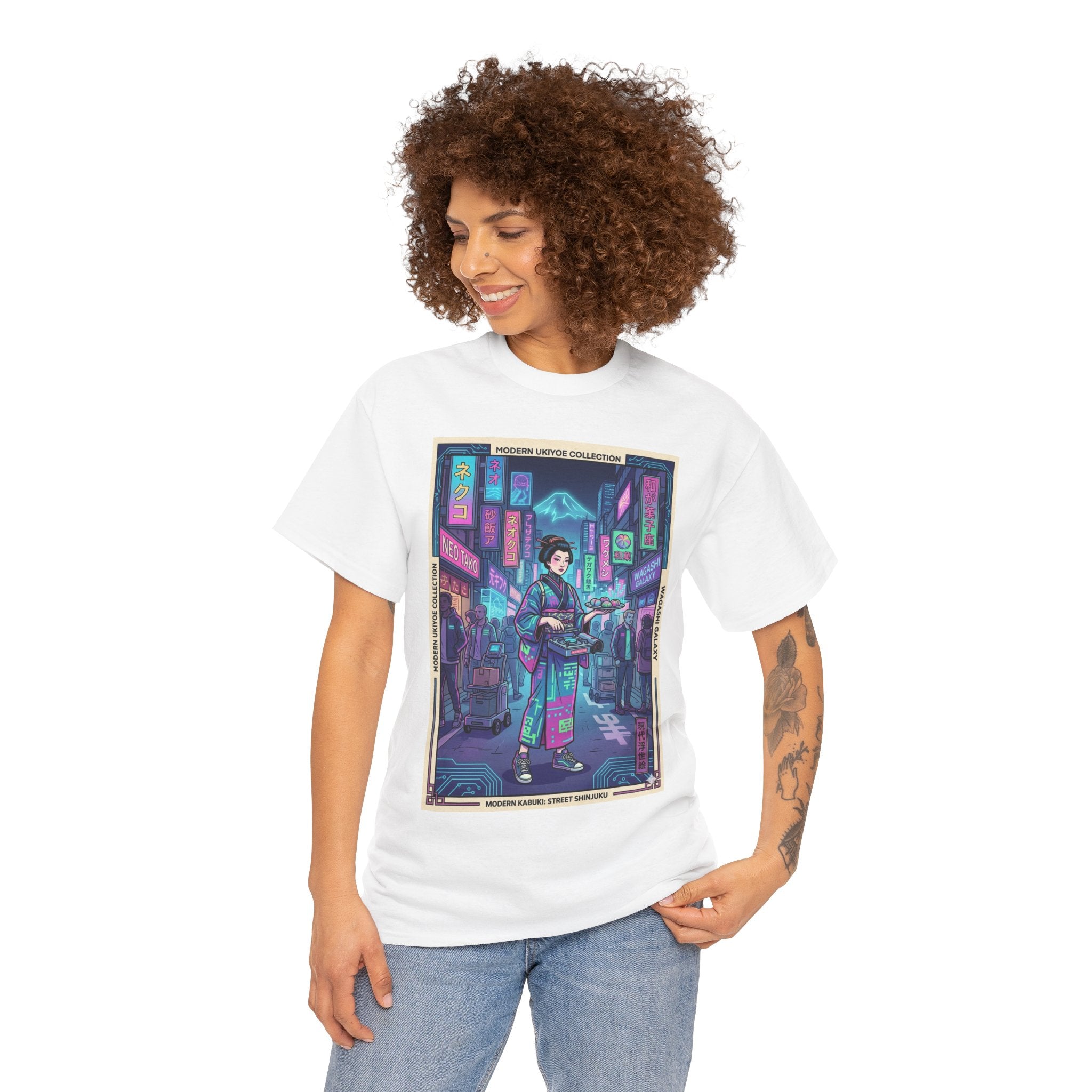 Cyber Geisha Streetwear T‑Shirt — Neon Tokyo Nightscape Graphic Tee