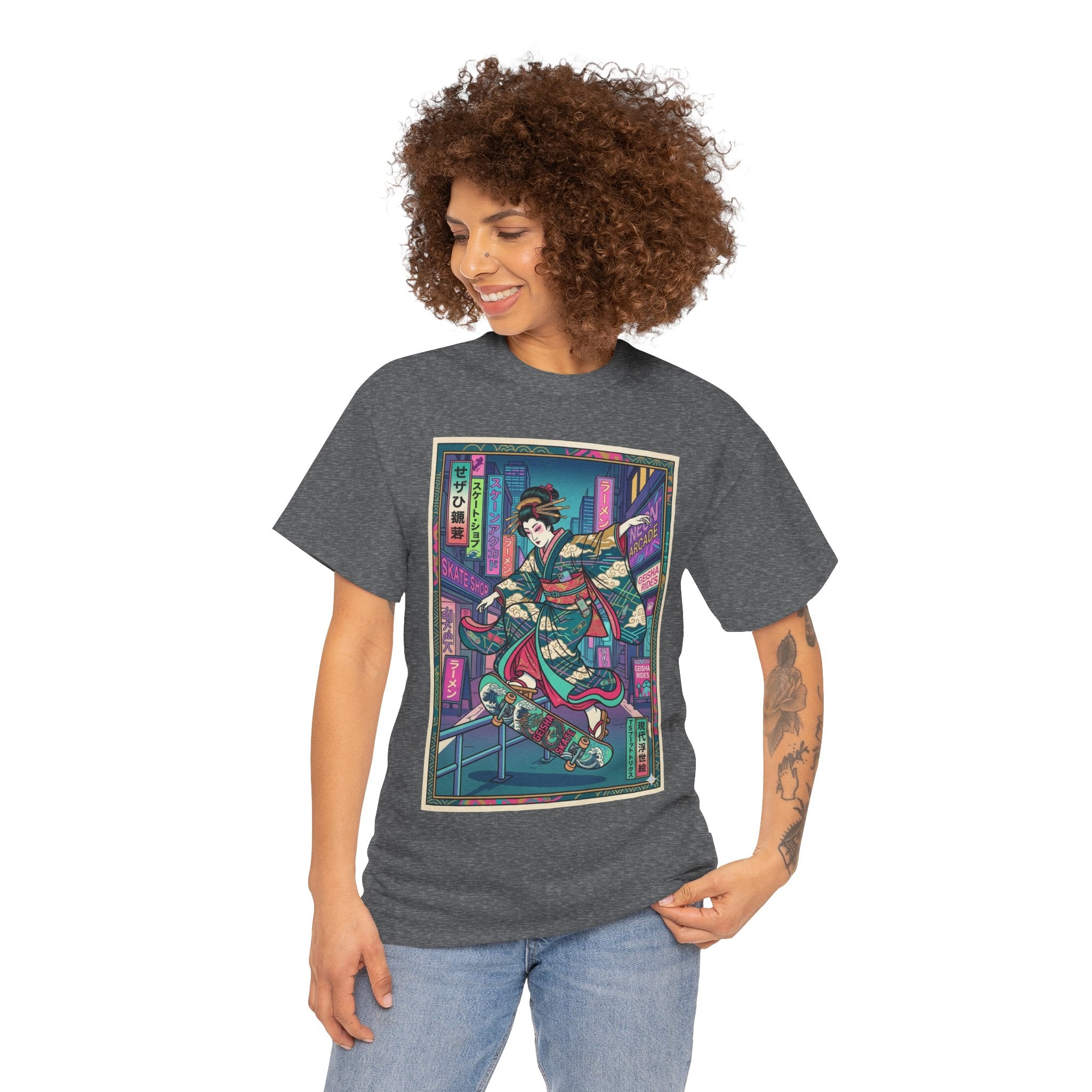 Geisha Skateboard Tee — Neon Cyberpunk Japanese Streetwear T-Shirt