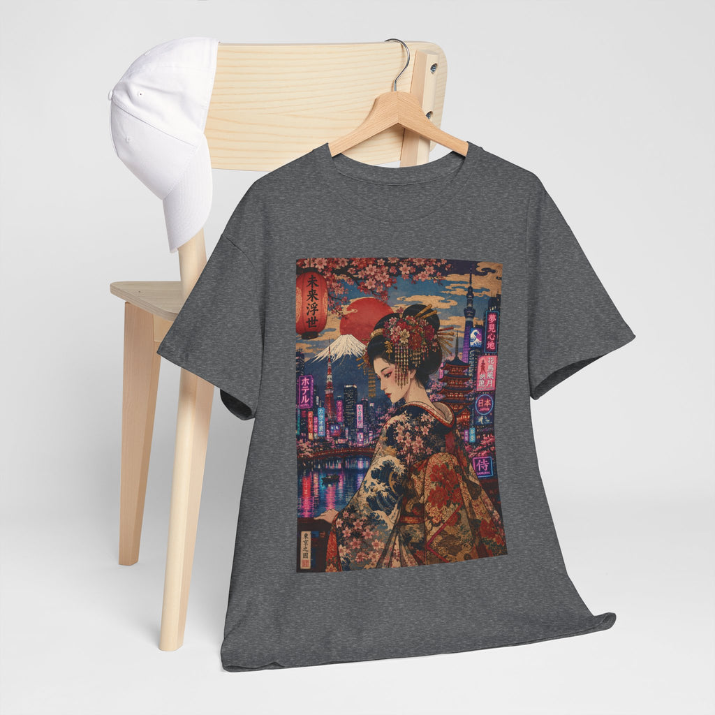 Geisha Cityscape Tee — Vintage Kimono Nighttime Japan Graphic T‑Shirt