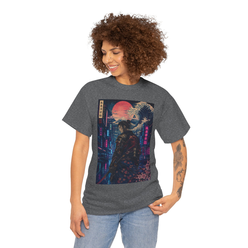 Samurai Neon City T‑Shirt — Cyberpunk Moonlit Japanese Street Graphic Tee