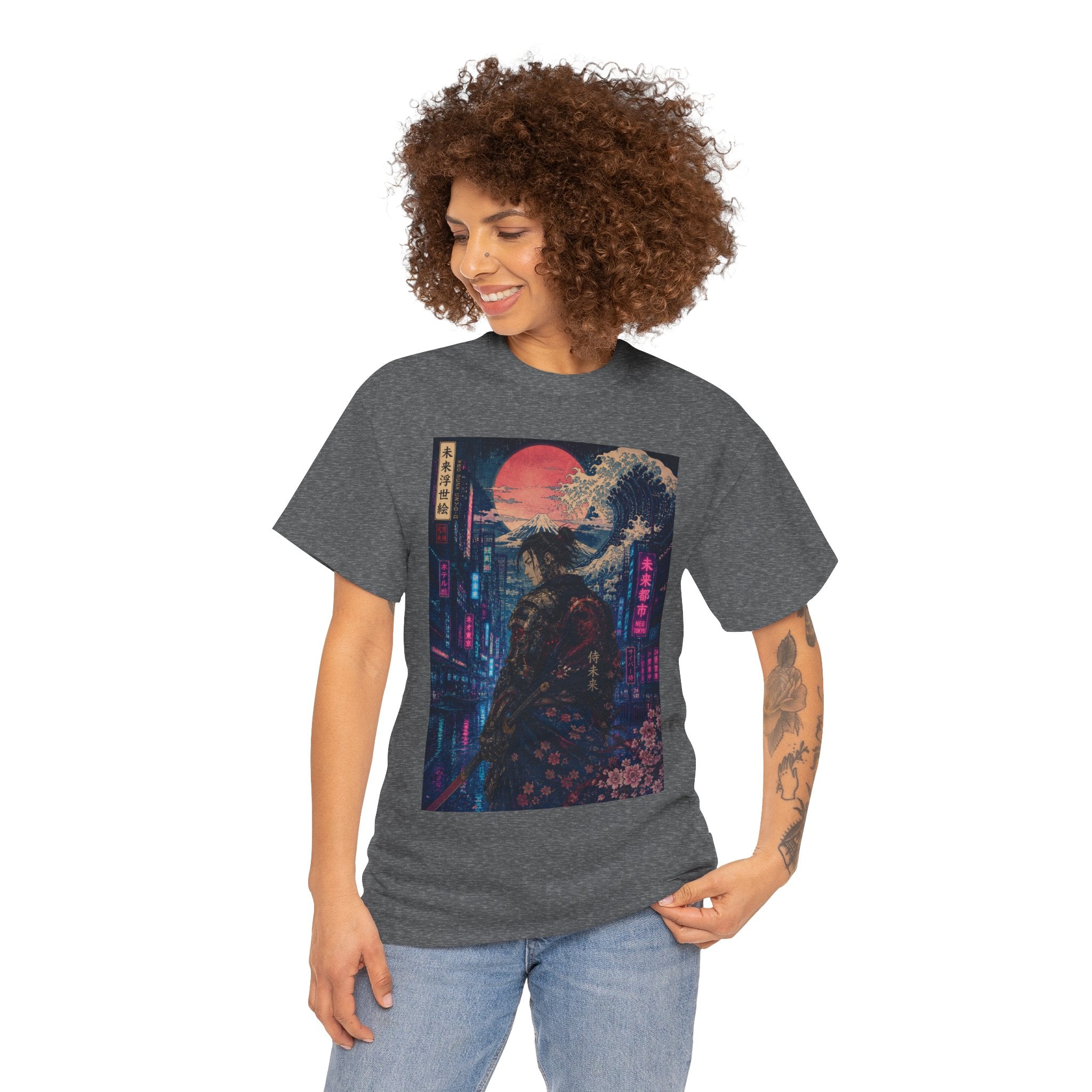 Samurai Neon City T‑Shirt — Cyberpunk Moonlit Japanese Street Graphic Tee