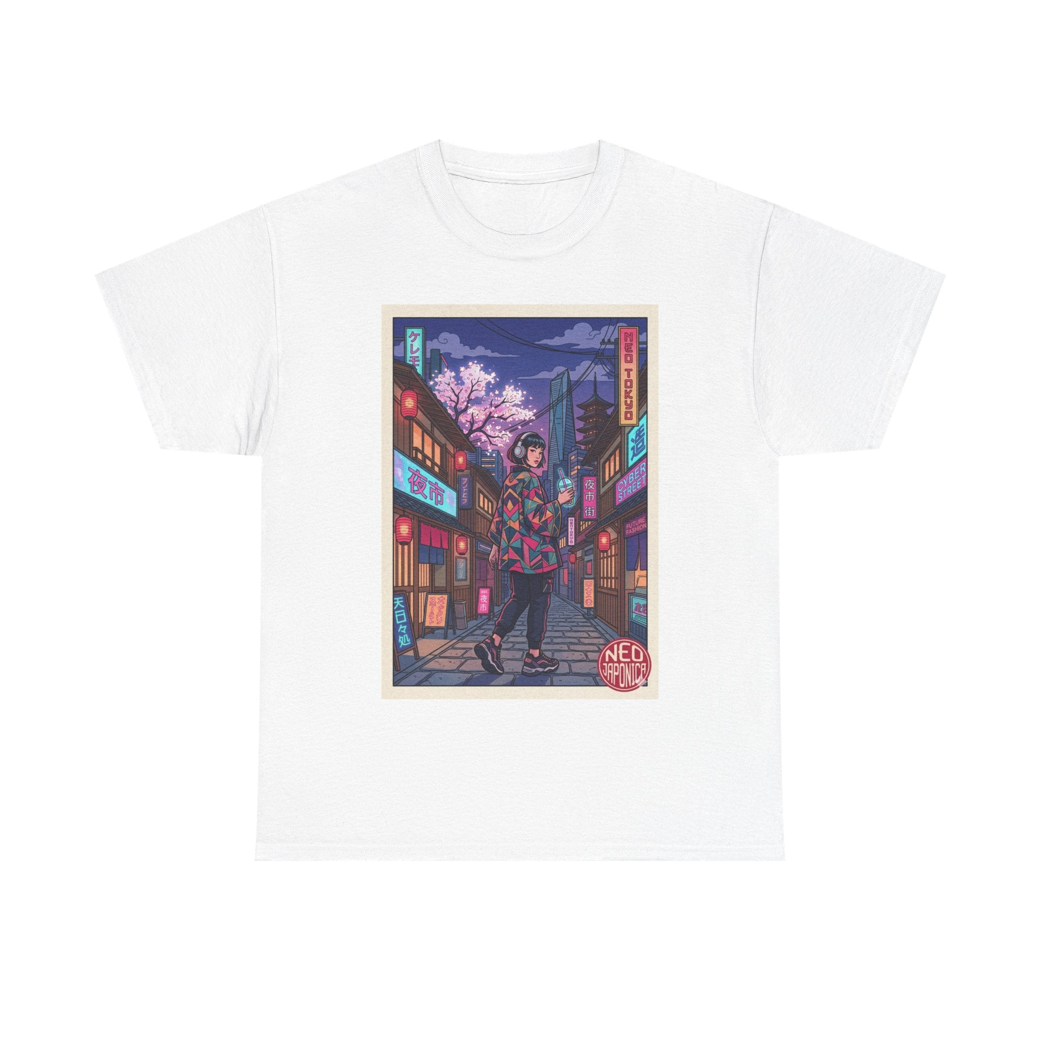Anime Cyberpunk Streetwear Tee — Neon Night Sakura Print - Japanese Streetwear T-Shirt | Tokyo Style X