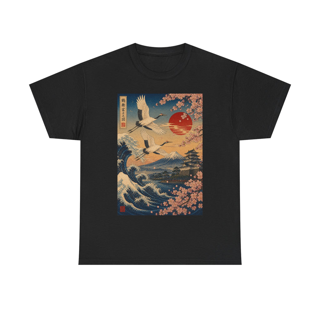Japanese Crane Sunset T-Shirt — Vintage Wave & Cherry Blossom Graphic Tee