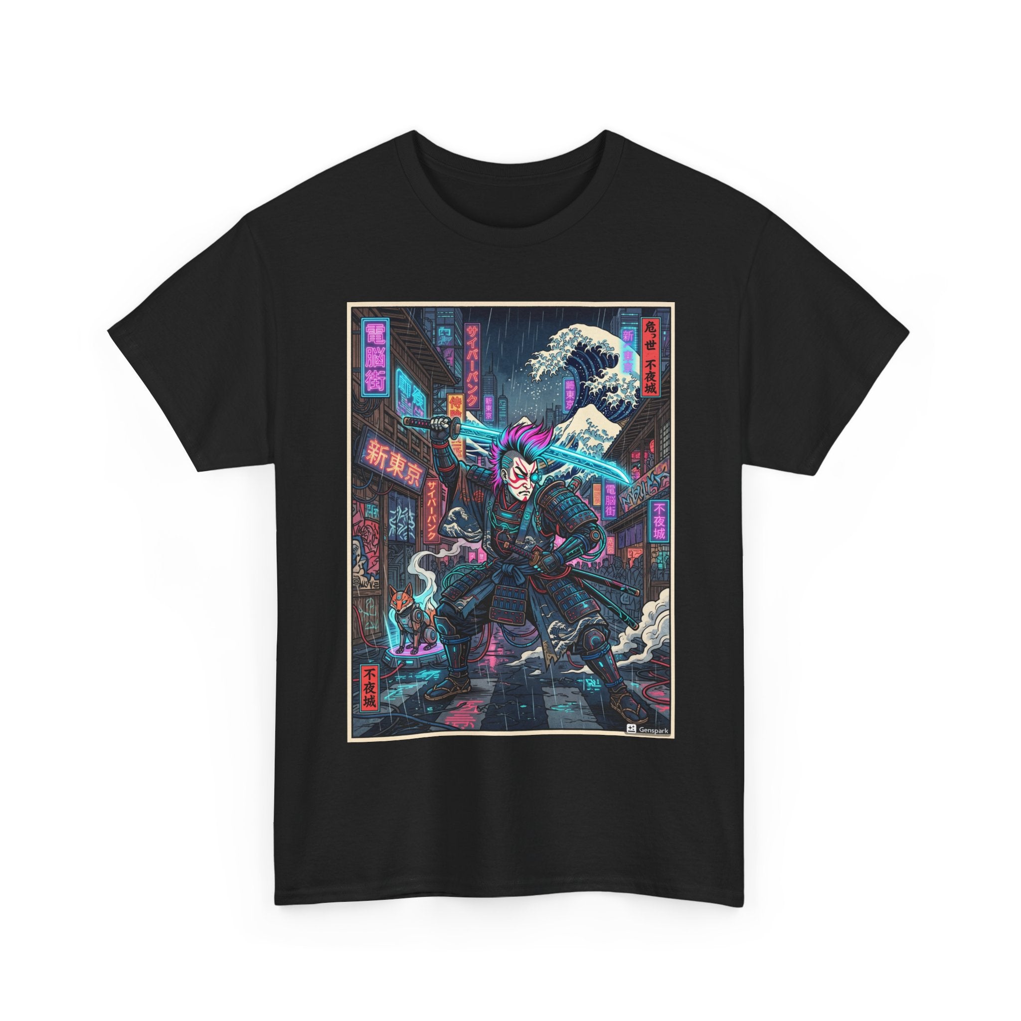 Cyberpunk Samurai T-Shirt — Neon Night Street Anime Graphic Tee - Japanese Streetwear T-Shirt | Tokyo Style X