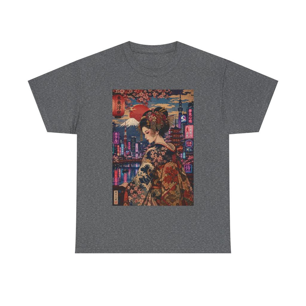 Geisha Cityscape Tee — Vintage Kimono Nighttime Japan Graphic T‑Shirt