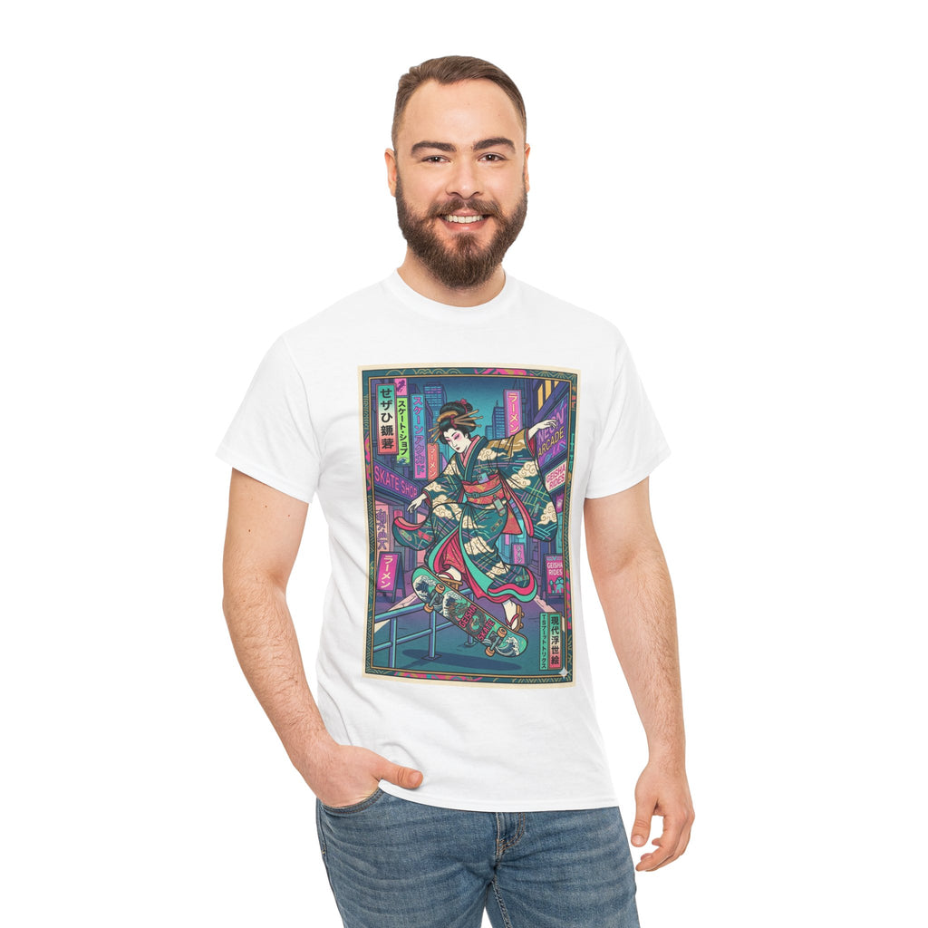 Geisha Skateboard Tee — Neon Cyberpunk Japanese Streetwear T-Shirt