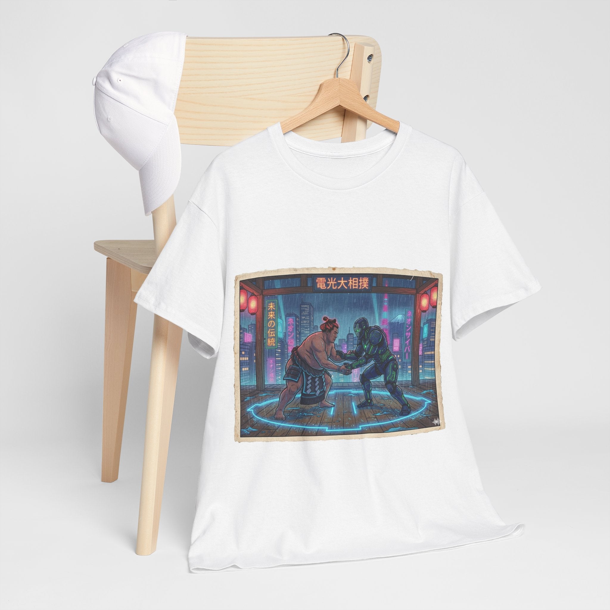 Cyberpunk Street Duel T-Shirt — Neon Samurai vs Robot Retro Arcade Tee