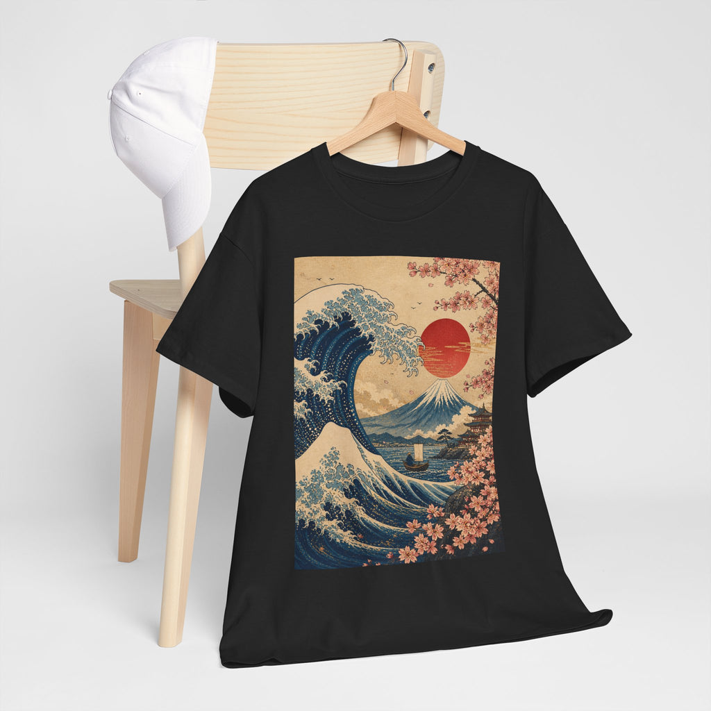 Vintage Japanese Wave Tee — Sakura Sunset Hokusai-Inspired Graphic Shirt