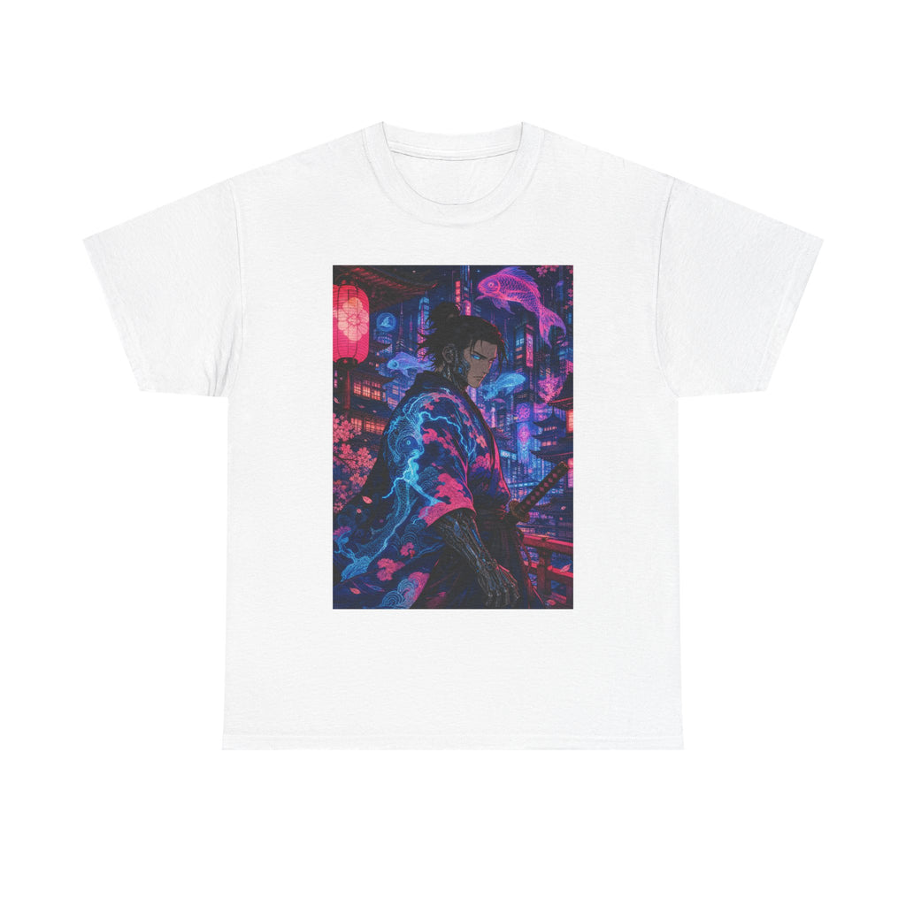 Cyberpunk Samurai T-Shirt — Neon City Nightscape Graphic Tee