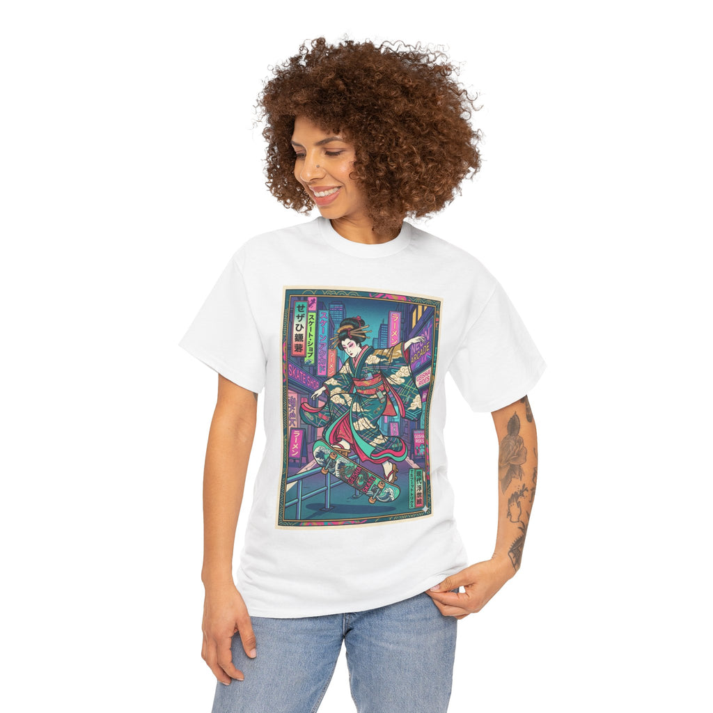 Geisha Skateboard Tee — Neon Cyberpunk Japanese Streetwear T-Shirt