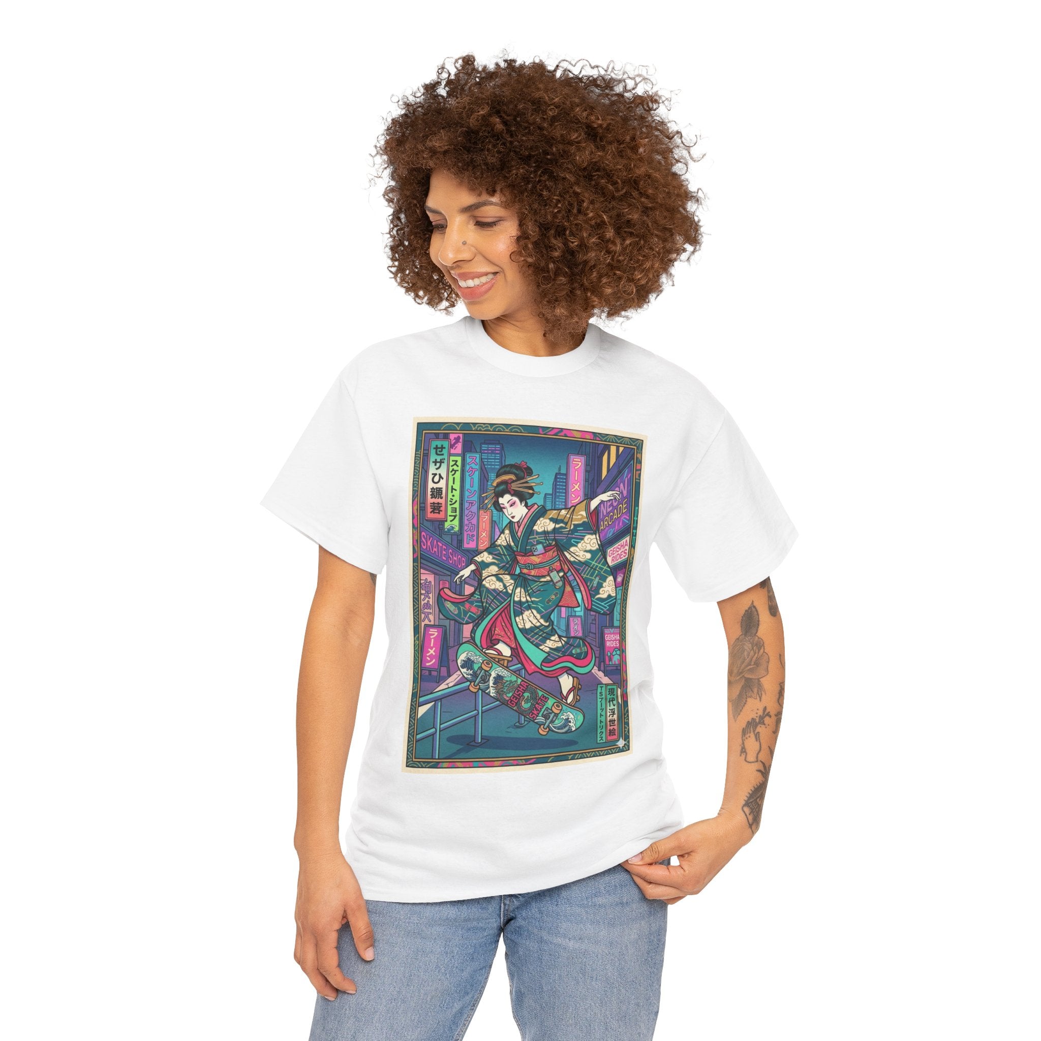 Geisha Skateboard Tee — Neon Cyberpunk Japanese Streetwear T-Shirt