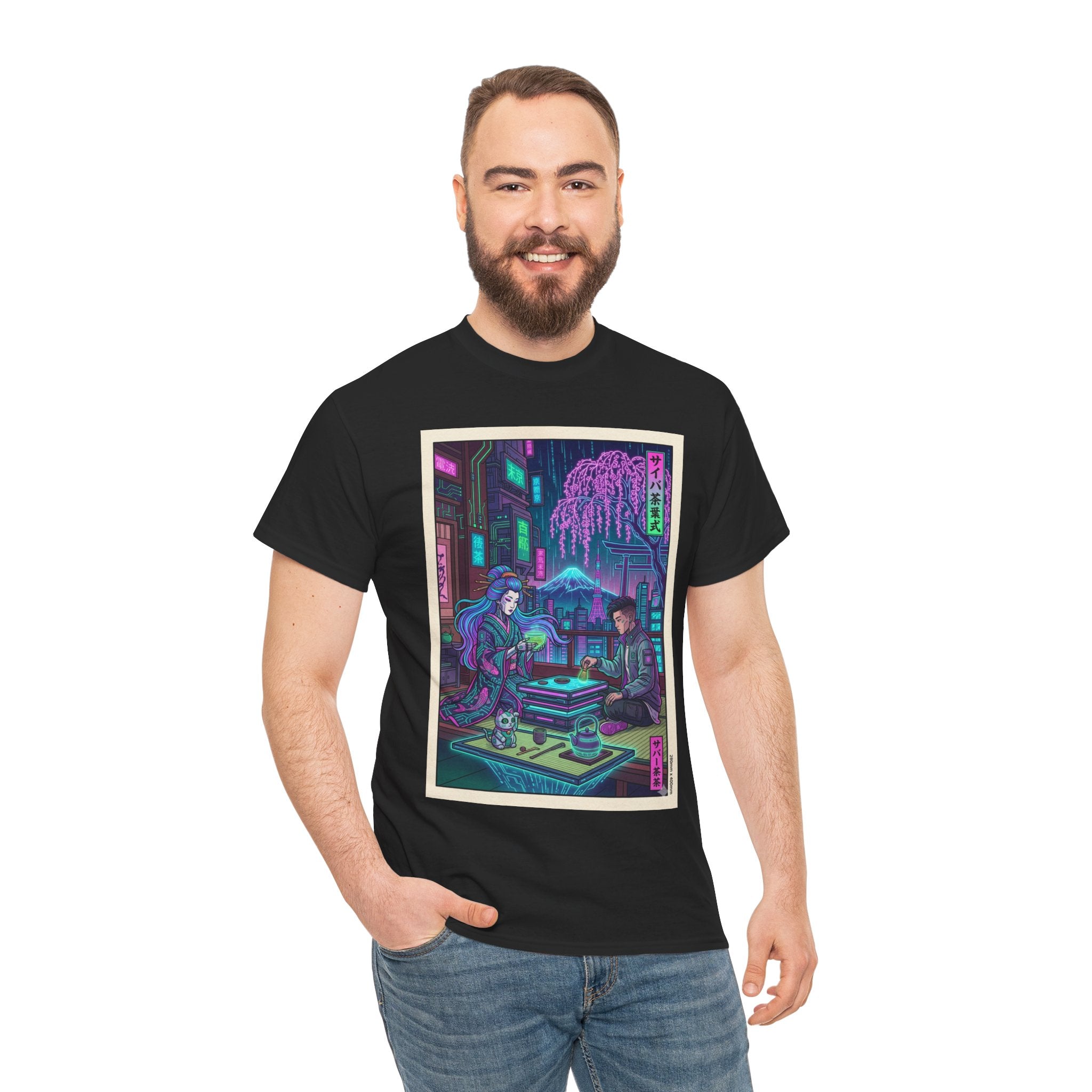 Cyberpunk Tea House Graphic Tee — Neon Retro Japanese-Style Street Scene
