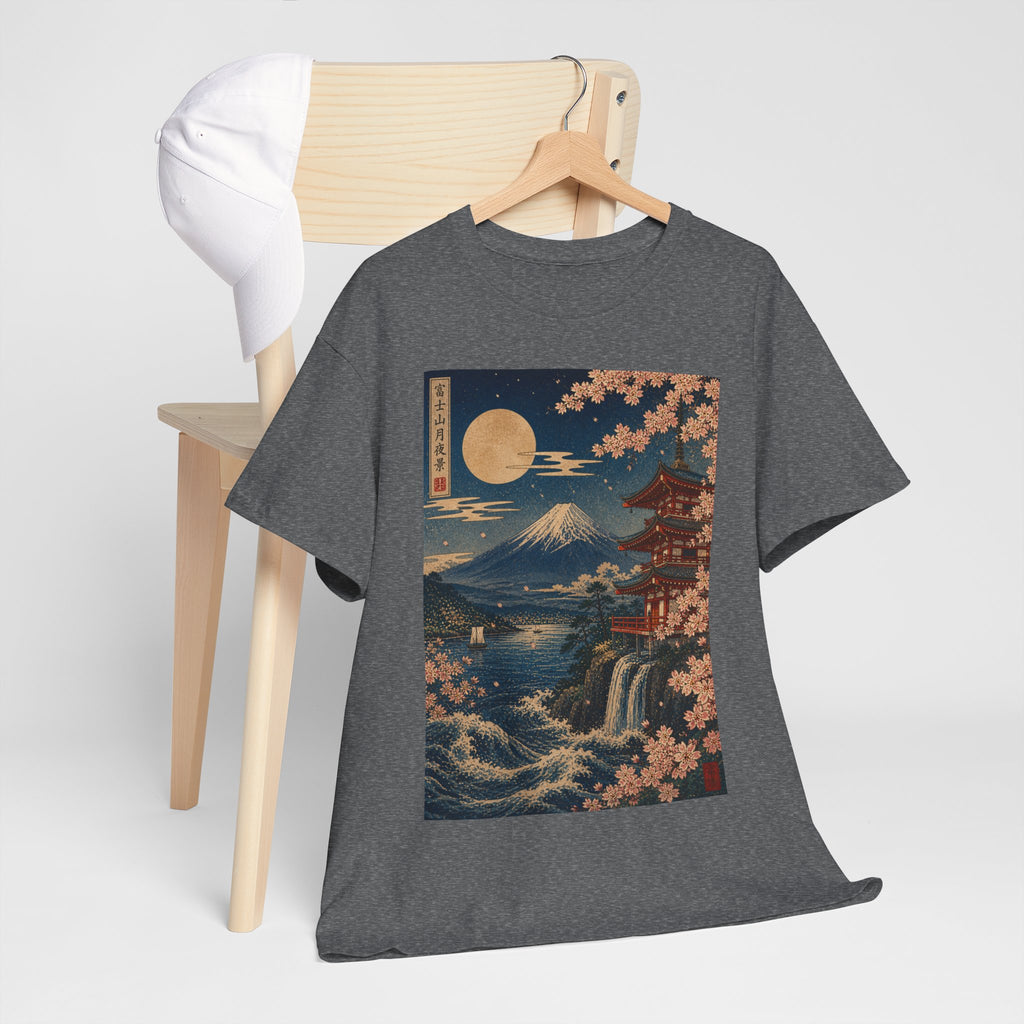 Japanese Landscape T-Shirt — Mount Fuji, Cherry Blossoms & Moon Graphic