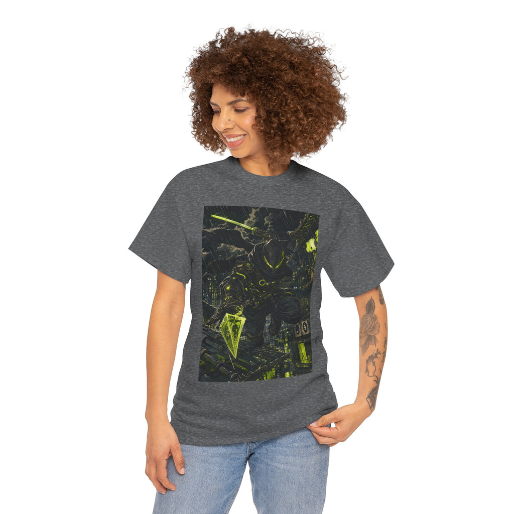 Neon Cyberpunk Graphic Tee — Dark Futuristic Cityscape Design